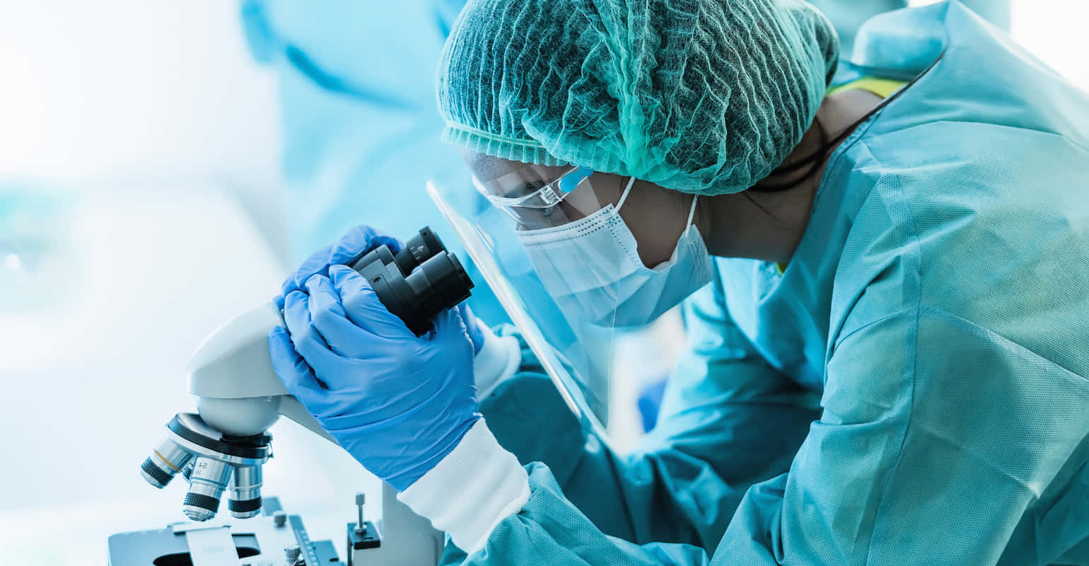 microscope, teal scrubs, mask, HD Desktop Wallpaper