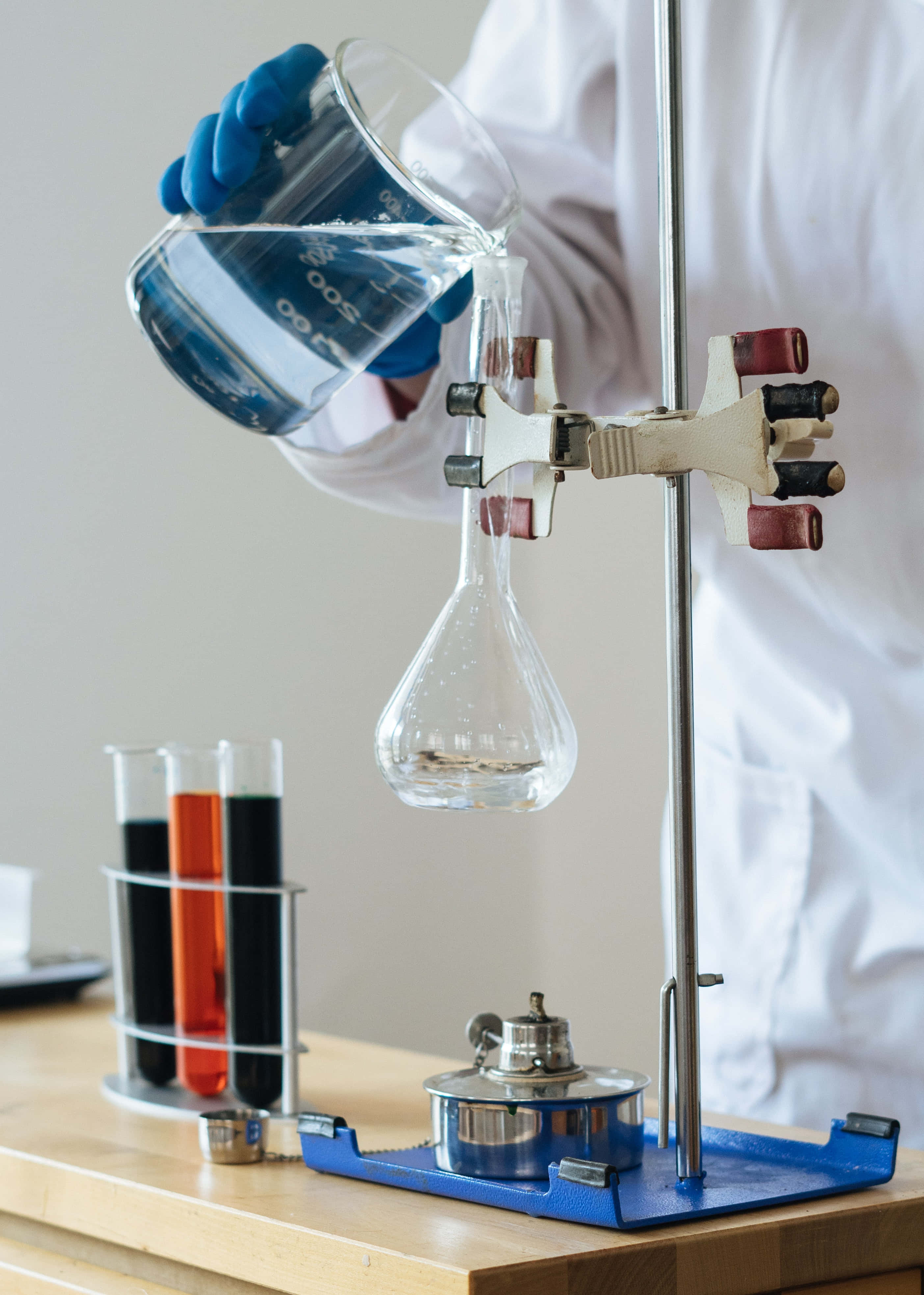 laboratory flask burner, white lab coat, beaker, 4K Phone Wallpaper
