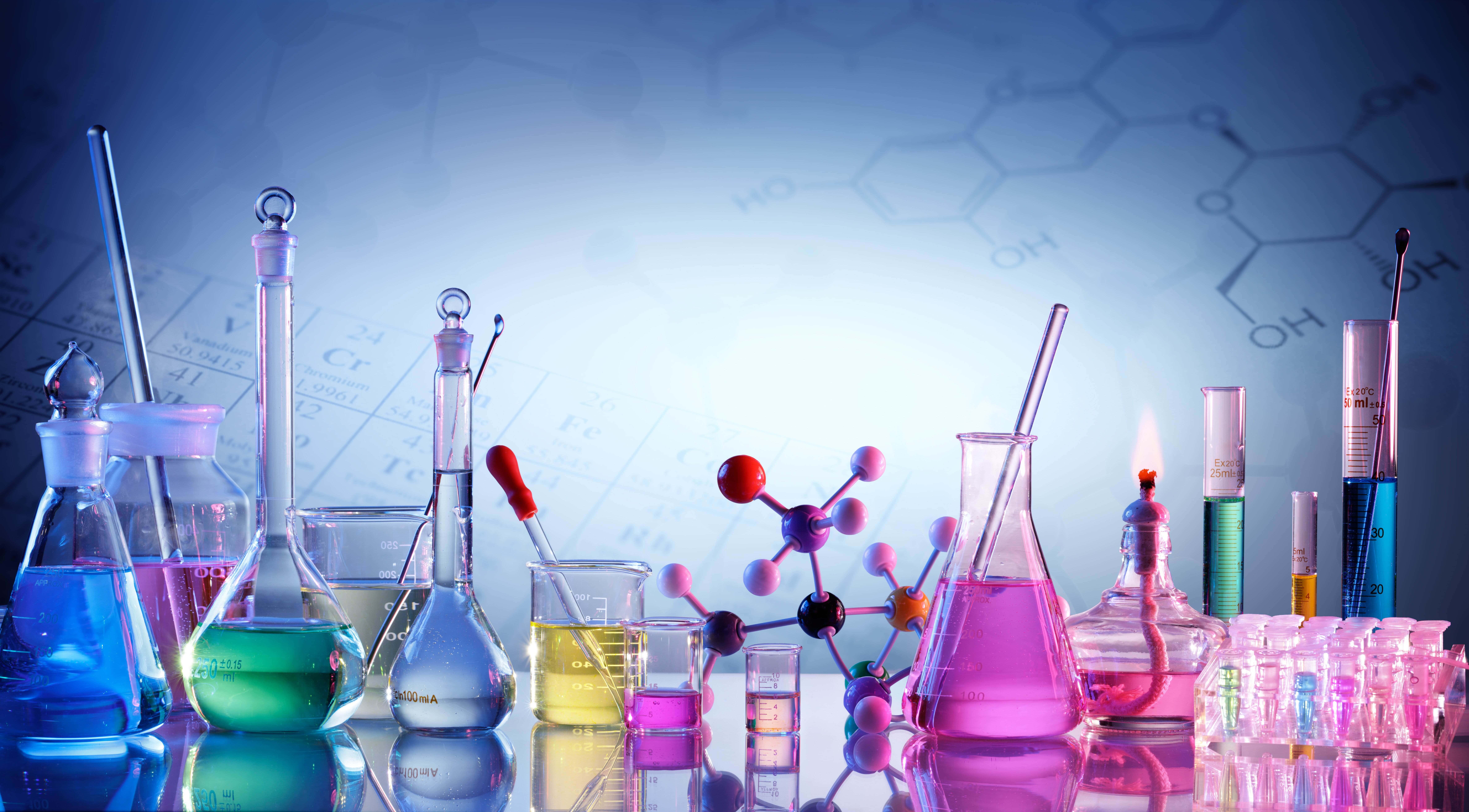 colorful chemistry lab experiment setup, vibrant lab glassware, glowing liquids, 8K Desktop Wallpaper