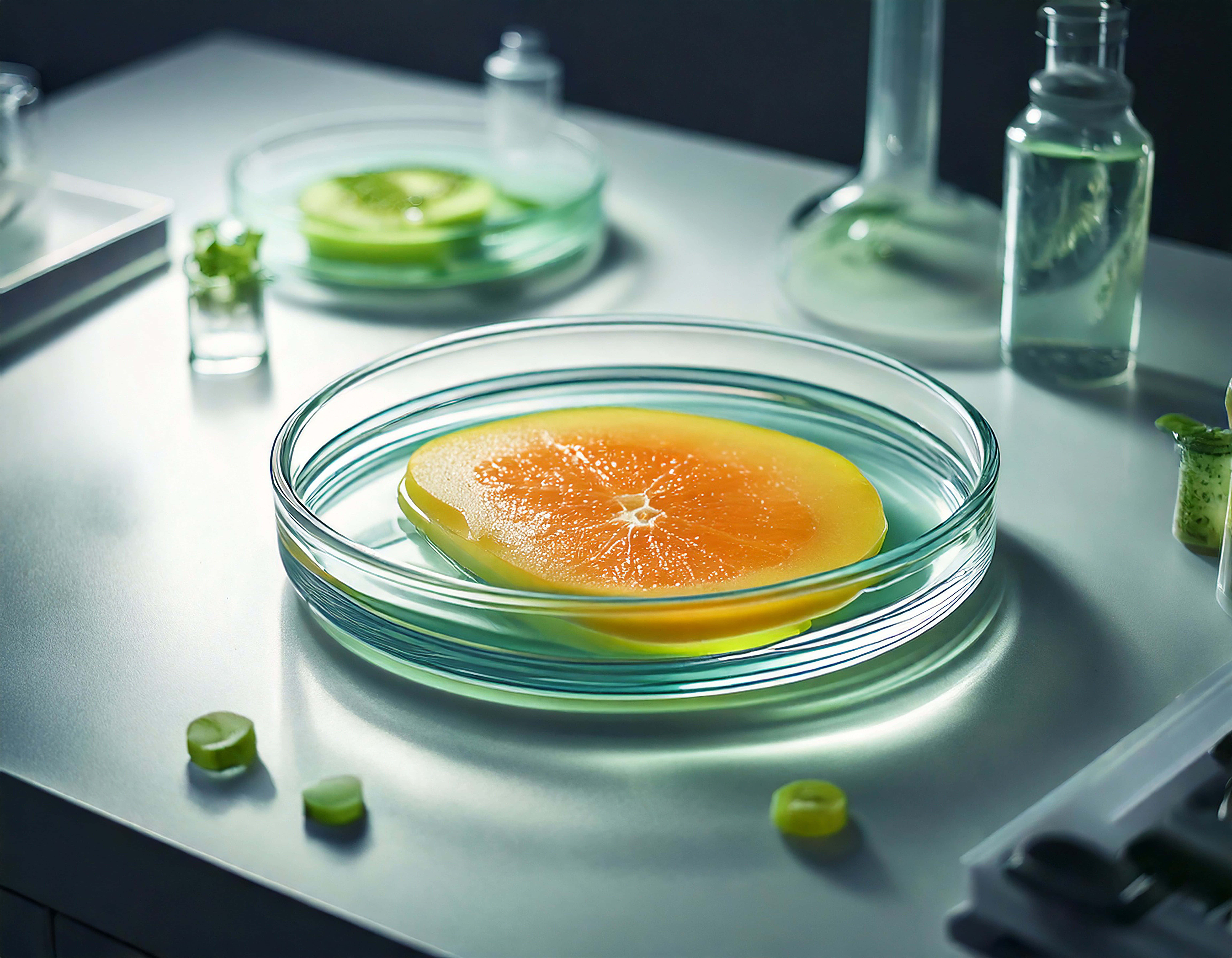 petri dish, orange citrus slice, lab bench, 8K Desktop Wallpaper