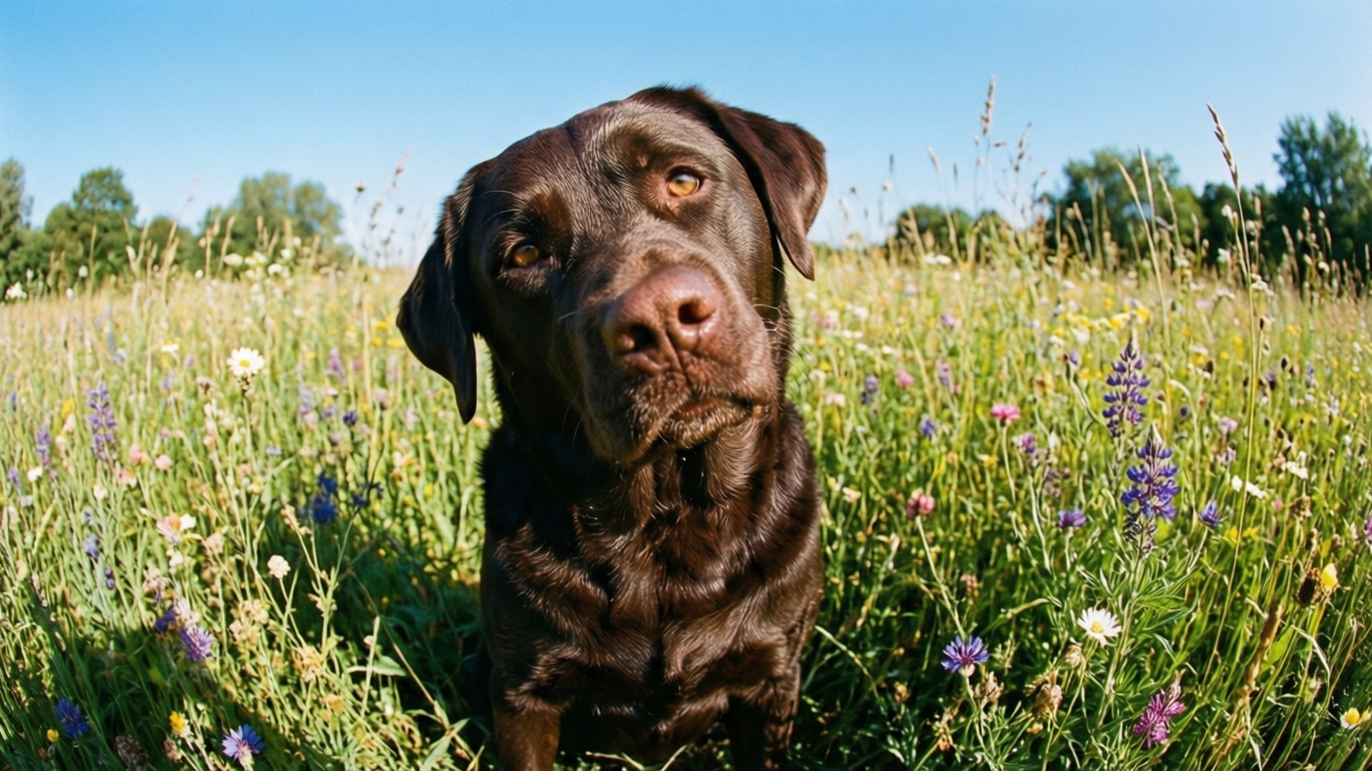 chocolate Labrador Retriever, sunlit meadow, wildflowers, Full HD Desktop Wallpaper