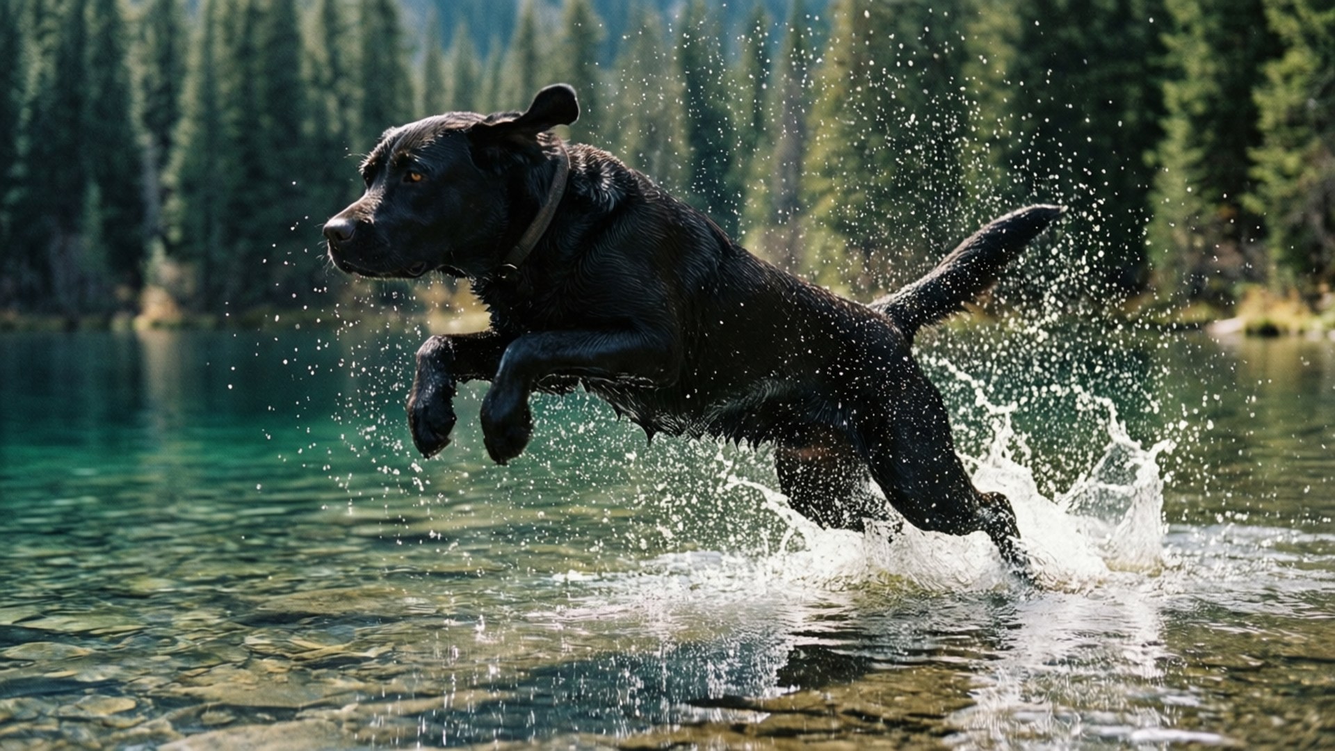 black Labrador, jumping, lake, Full HD Desktop Wallpaper
