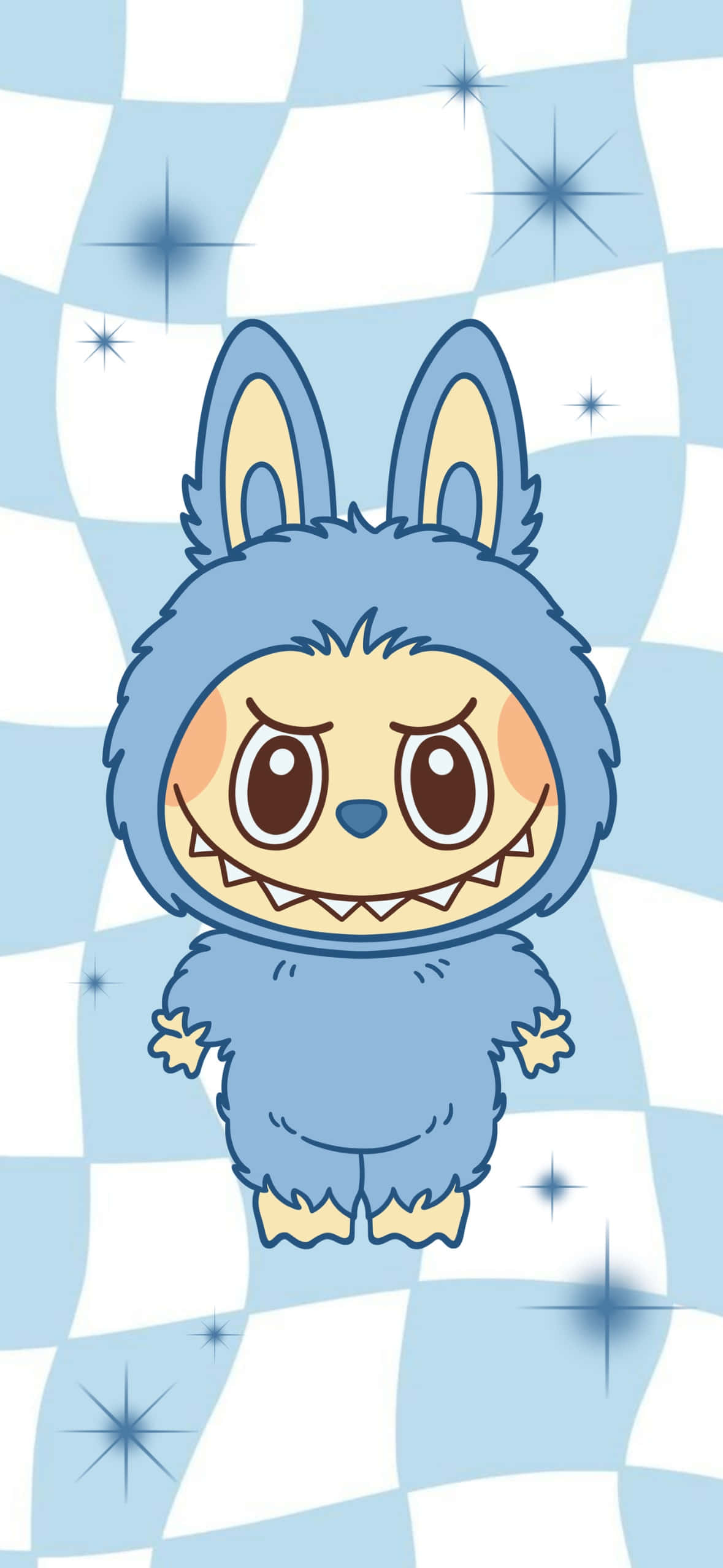 Labubu, cute blue bunny, blue and white checkered background, Full HD Phone Wallpaper