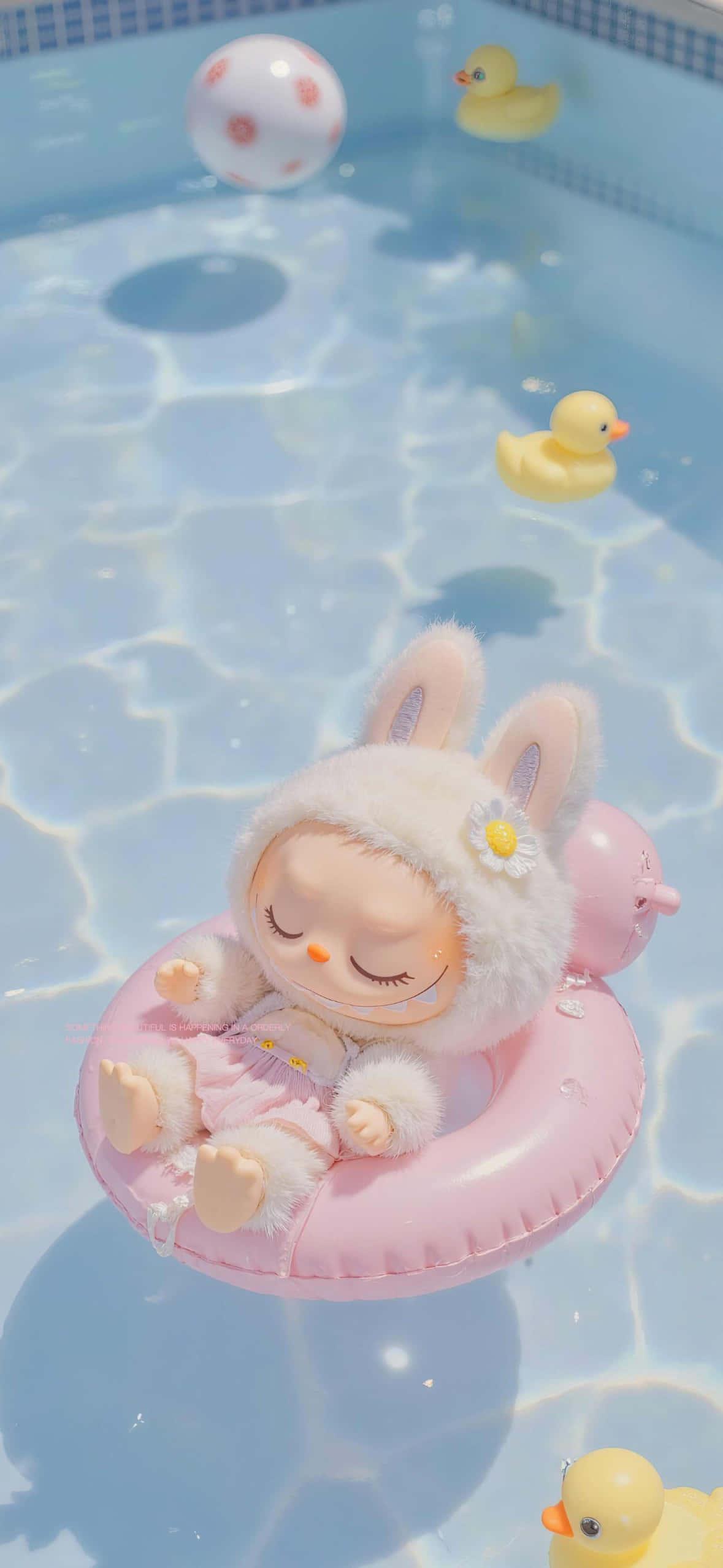 Labubu, pink inflatable ring, sunlit swimming pool, Full HD Phone Wallpaper