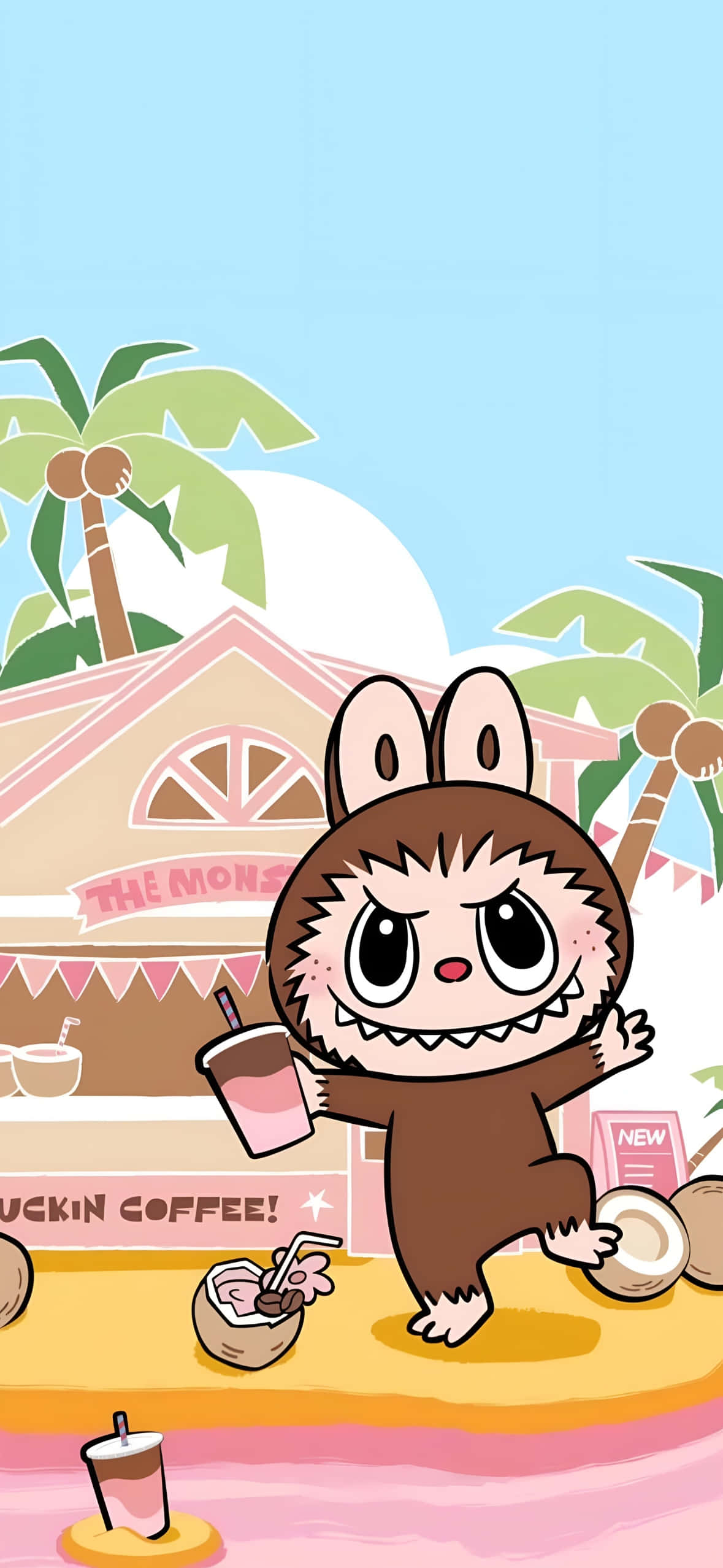 Labubu, tropical coffee adventure, brown furry costume, Full HD Phone Wallpaper