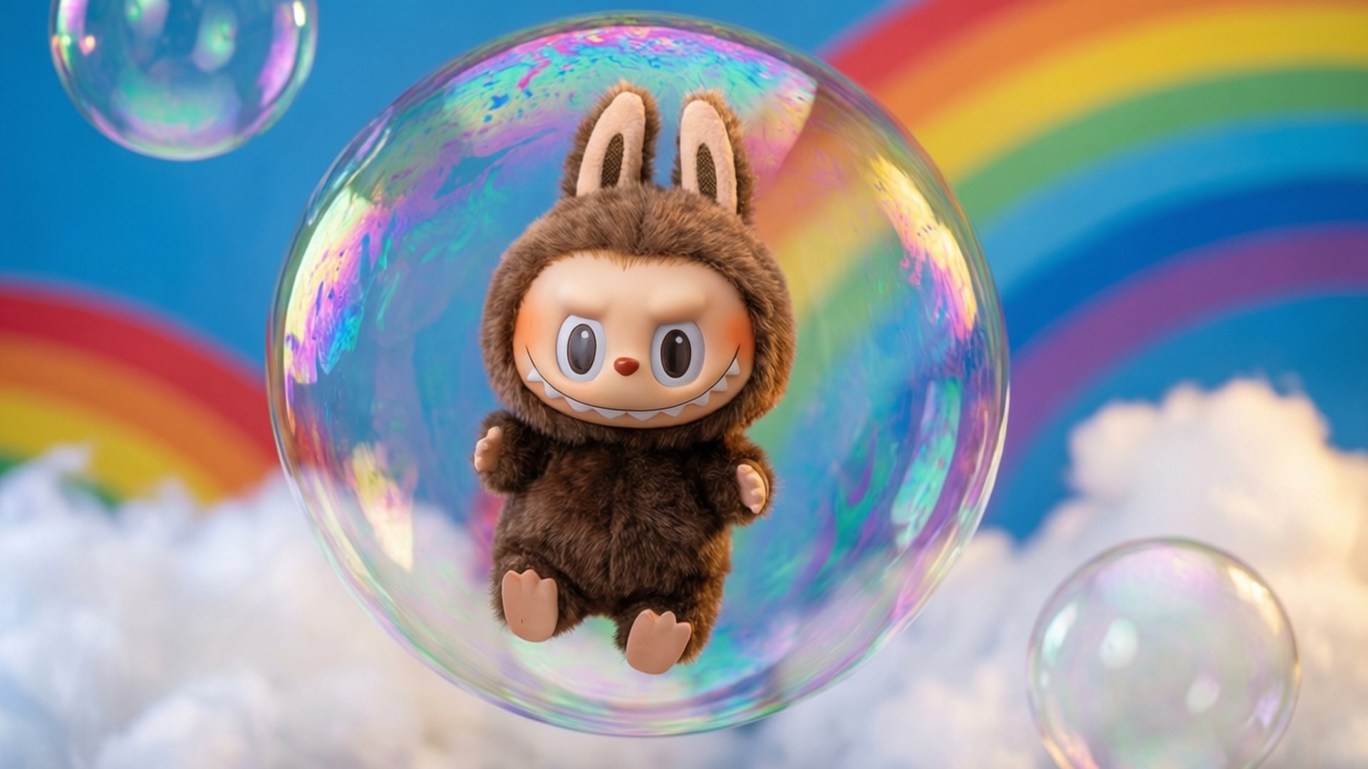 Labubu, rainbow bubble, clouds, Full HD Desktop Wallpaper