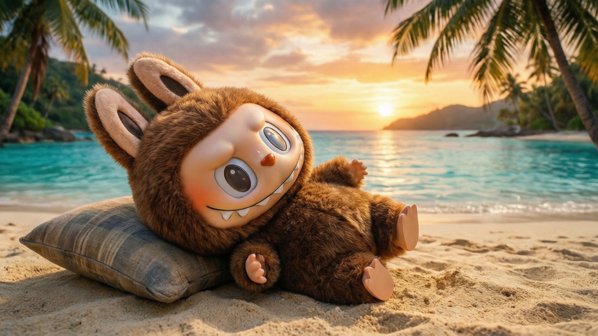 Labubu, beach, sunset, Full HD Desktop Wallpaper