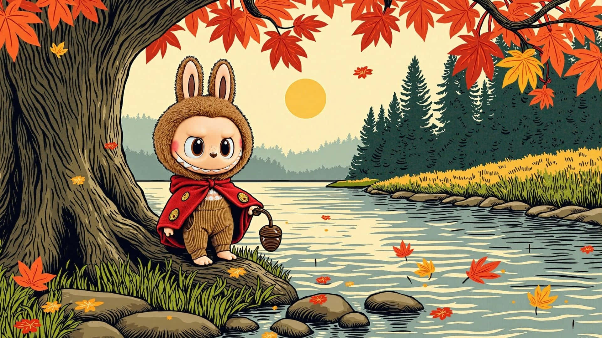 Labubu, autumn river adventure, red cape, Full HD Desktop Wallpaper