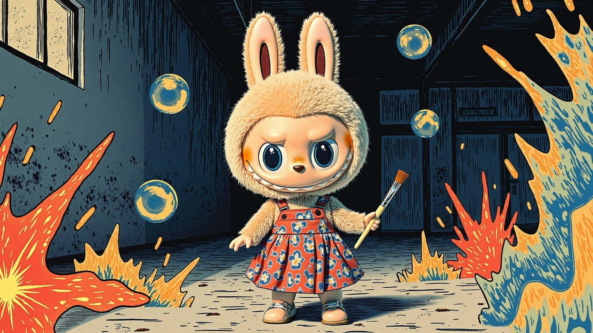 Labubu, bunny, floral dress, Full HD Desktop Wallpaper