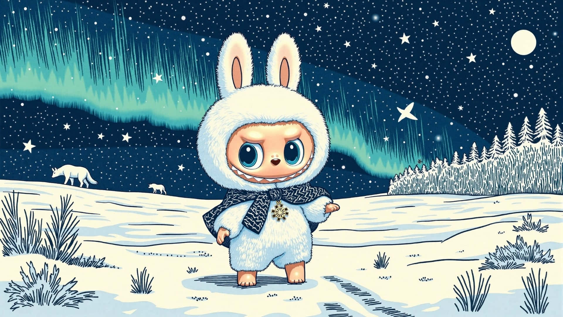Labubu, arctic wonderland, snowy field, Full HD Desktop Wallpaper