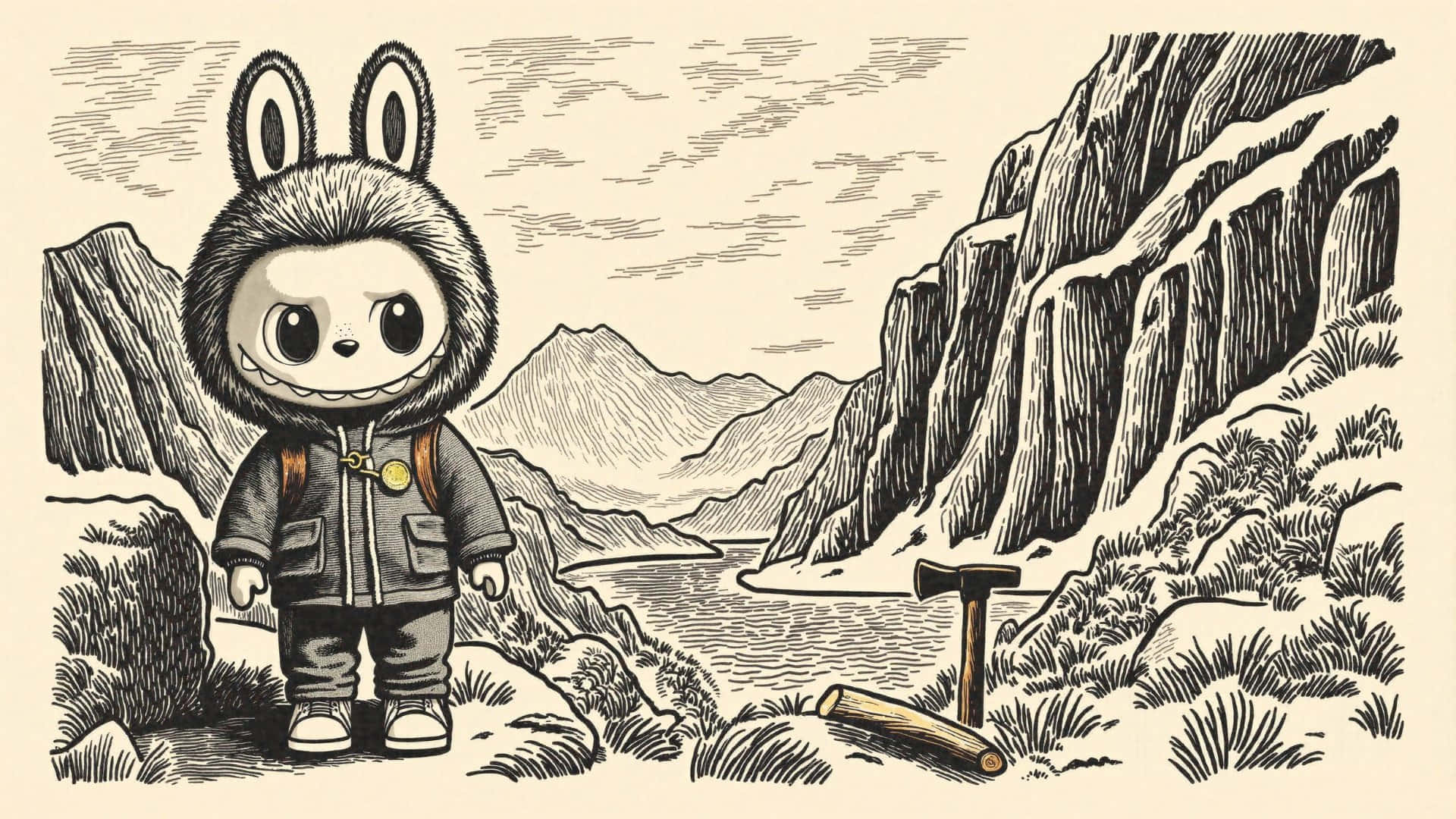 Labubu, mountainous valley, hooded jacket, Full HD Desktop Wallpaper