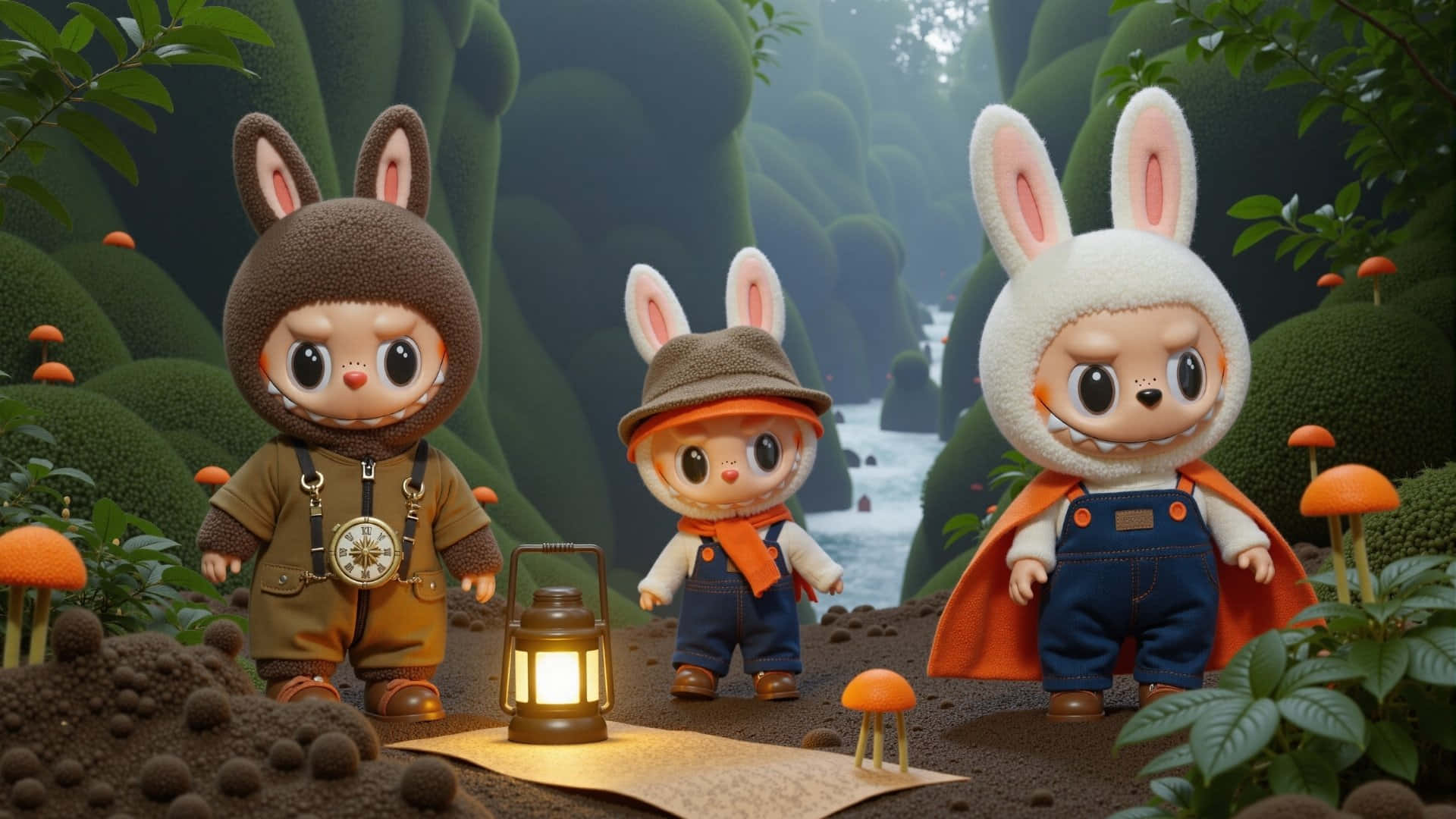 Labubu, bunny-themed plush adventurers, mossy forest clearing, Full HD Desktop Wallpaper