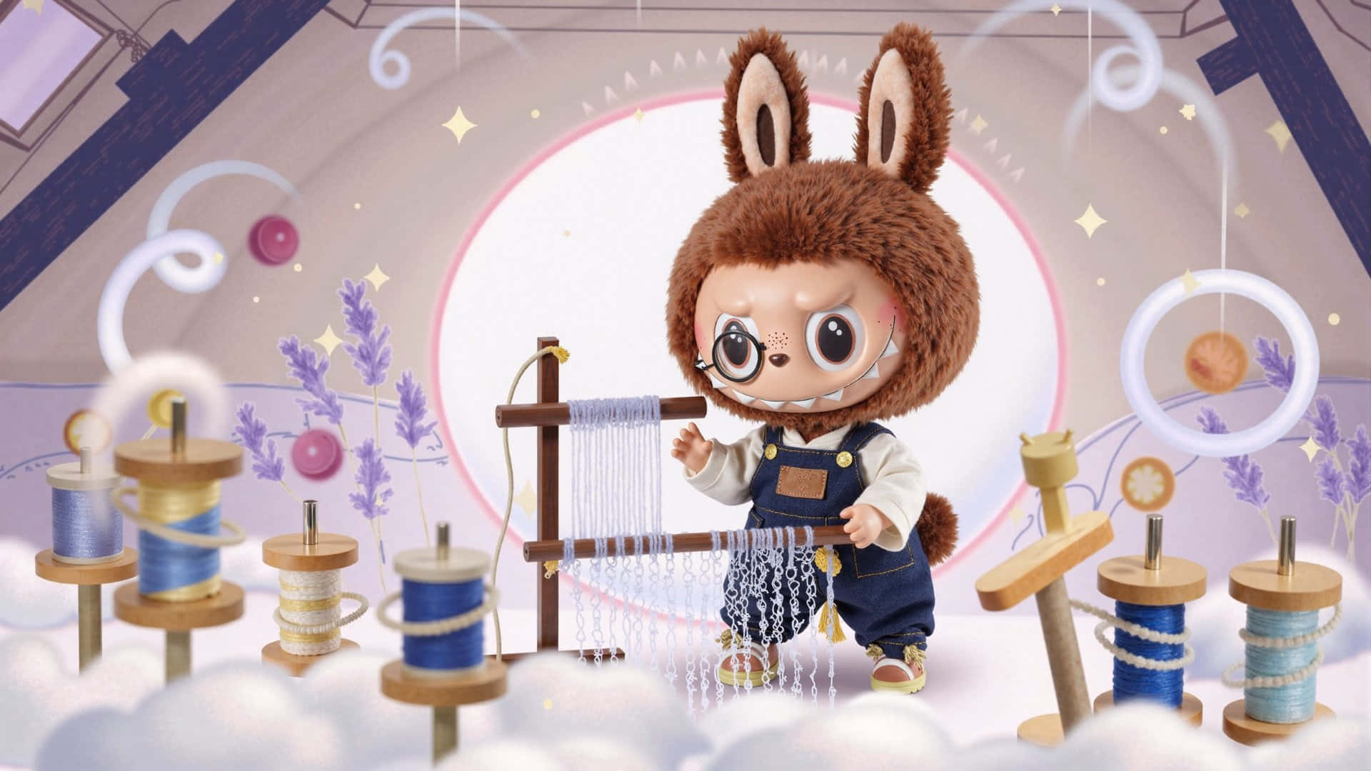 Labubu, brown bunny character, overalls, Full HD Desktop Wallpaper