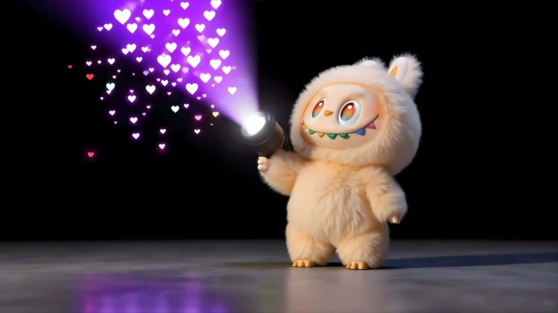Labubu, fluffy cream-colored cartoon creature, flashlight, Full HD Desktop Wallpaper