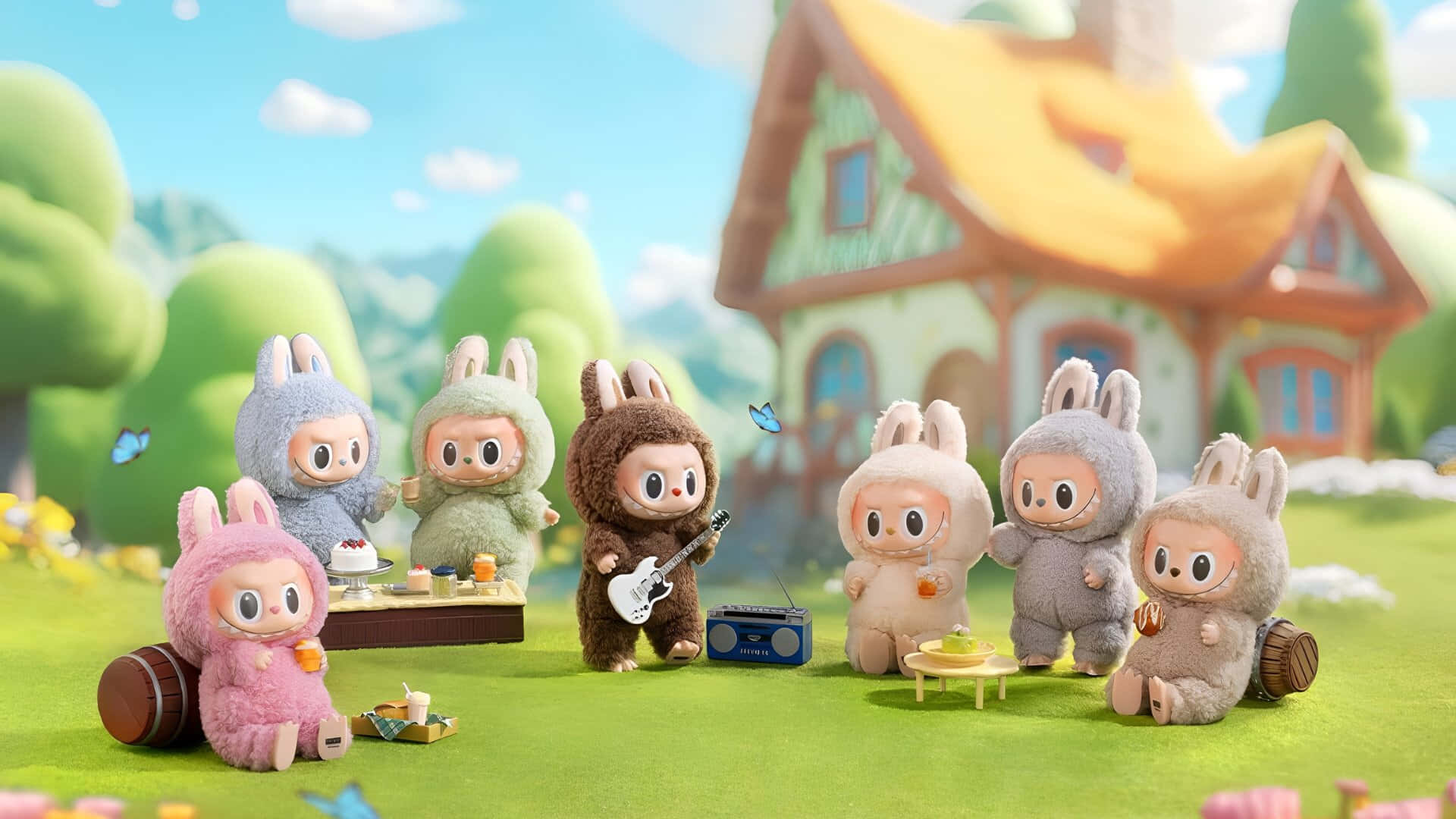 Labubu, cute characters, fluffy bunny characters, Full HD Desktop Wallpaper