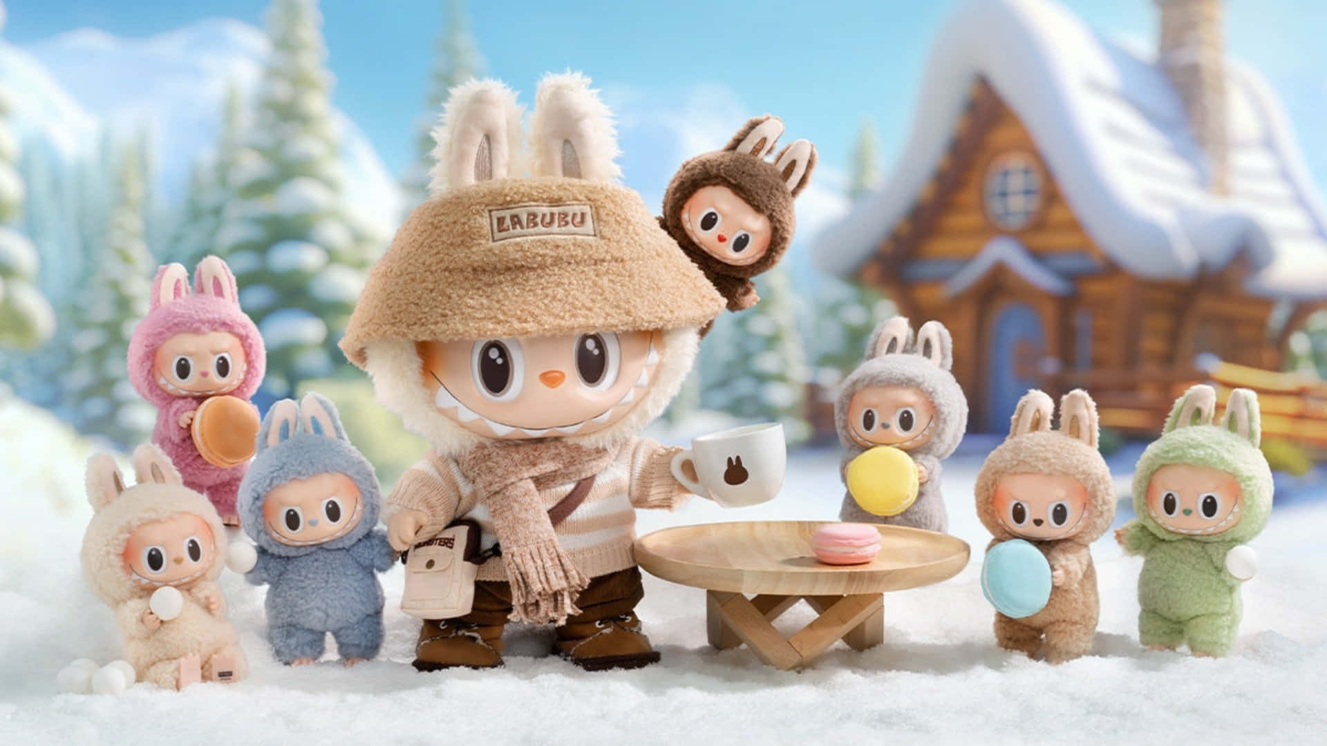 Labubu, winter outfits, snowy forest, Full HD Desktop Wallpaper
