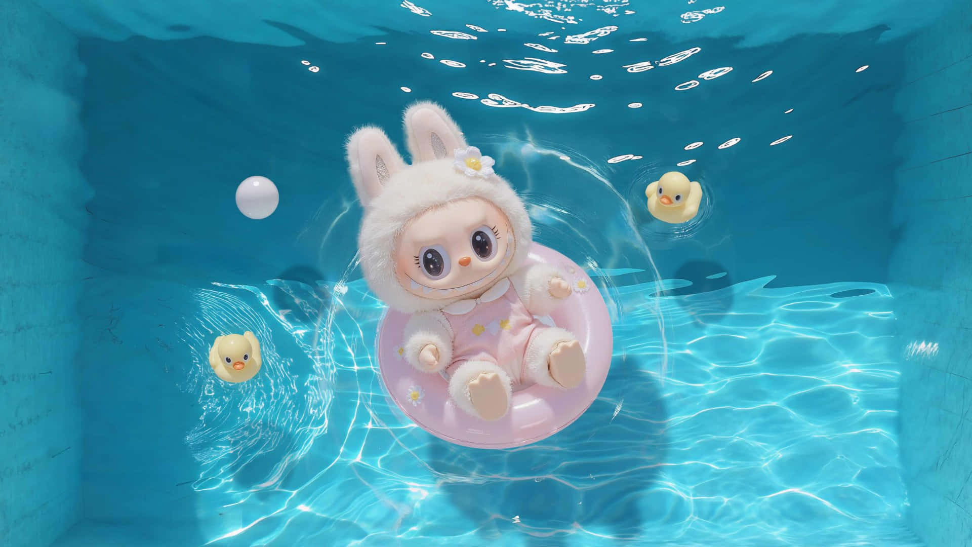 Labubu, pink floatie, clear blue pool, Full HD Desktop Wallpaper