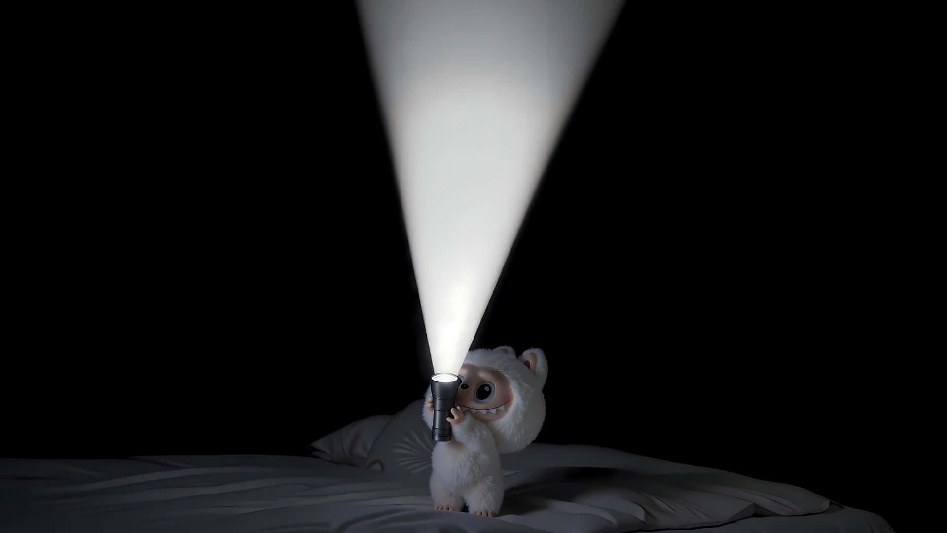 Labubu, white fluffy creature, flashlight, Full HD Desktop Wallpaper