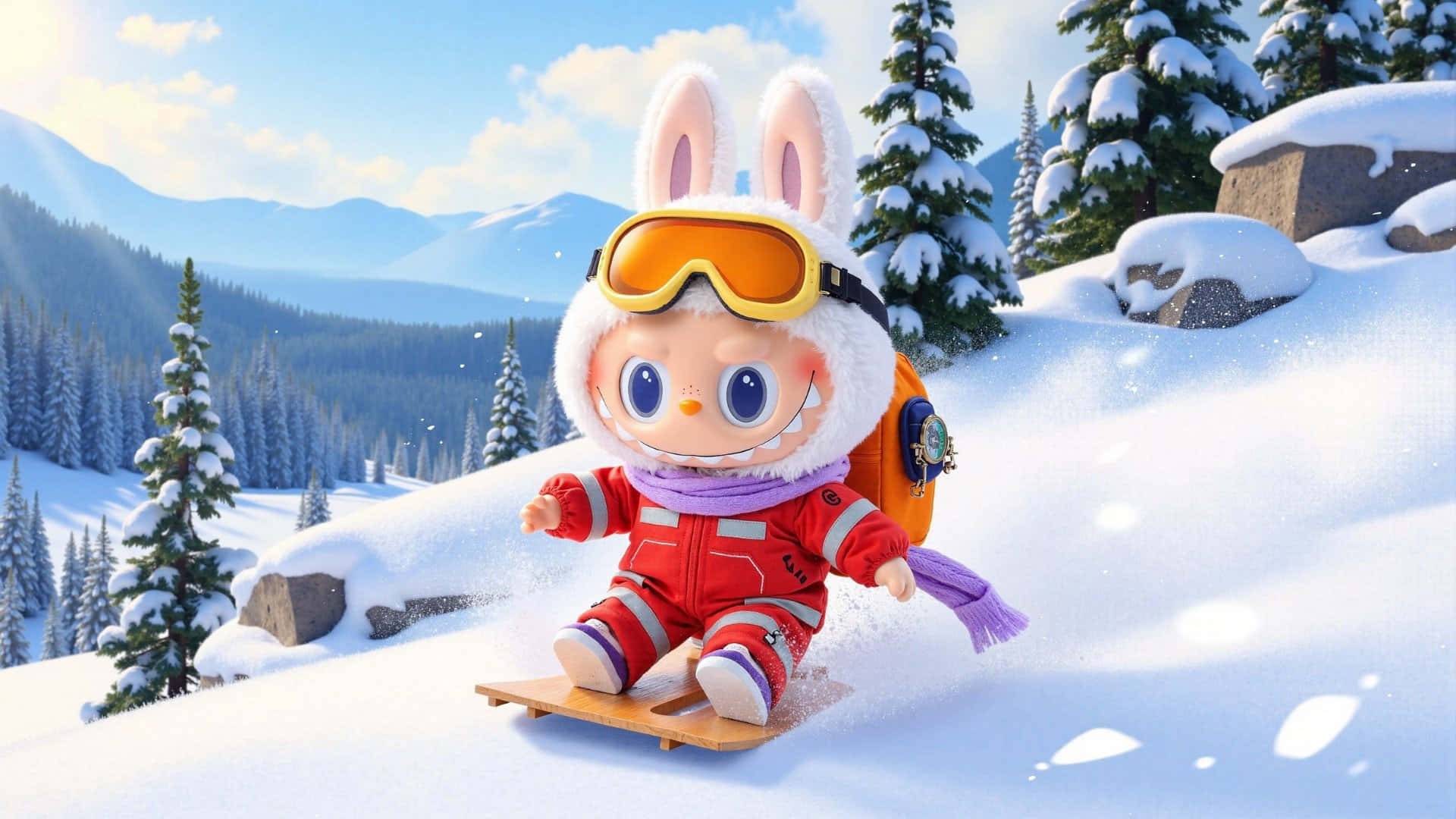 Labubu, red snow gear, snowy mountain slope, Full HD Desktop Wallpaper