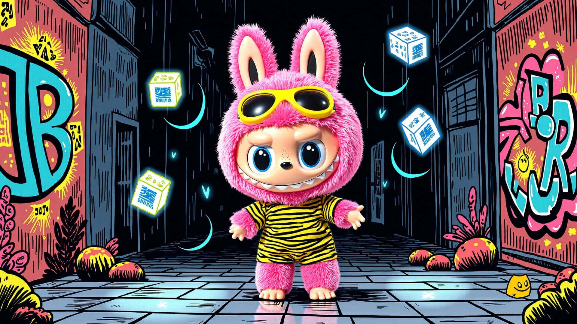 Labubu, neon-lit alleyway, pink fuzzy bunny, Full HD Desktop Wallpaper