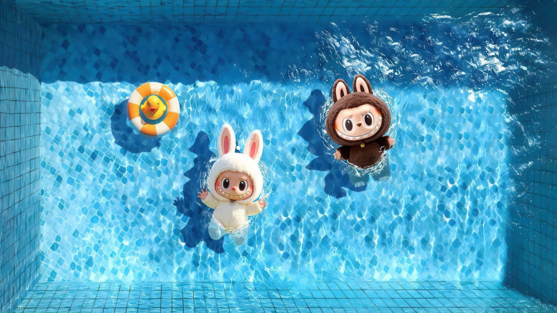 Labubu, bunny costumes, sparkling blue tiled pool, Full HD Desktop Wallpaper