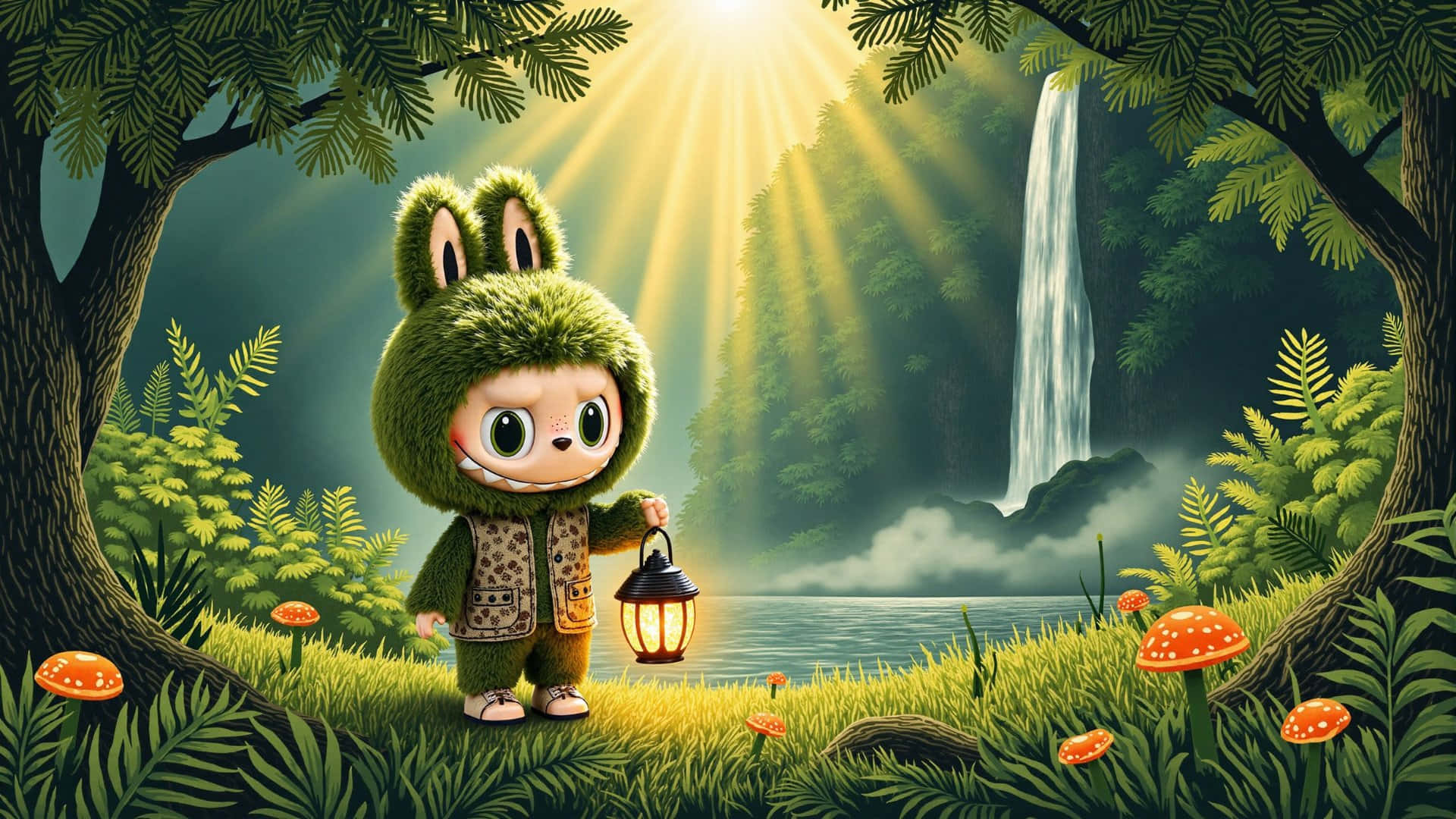 Labubu, enchanted forest, green bunny costume, Full HD Desktop Wallpaper