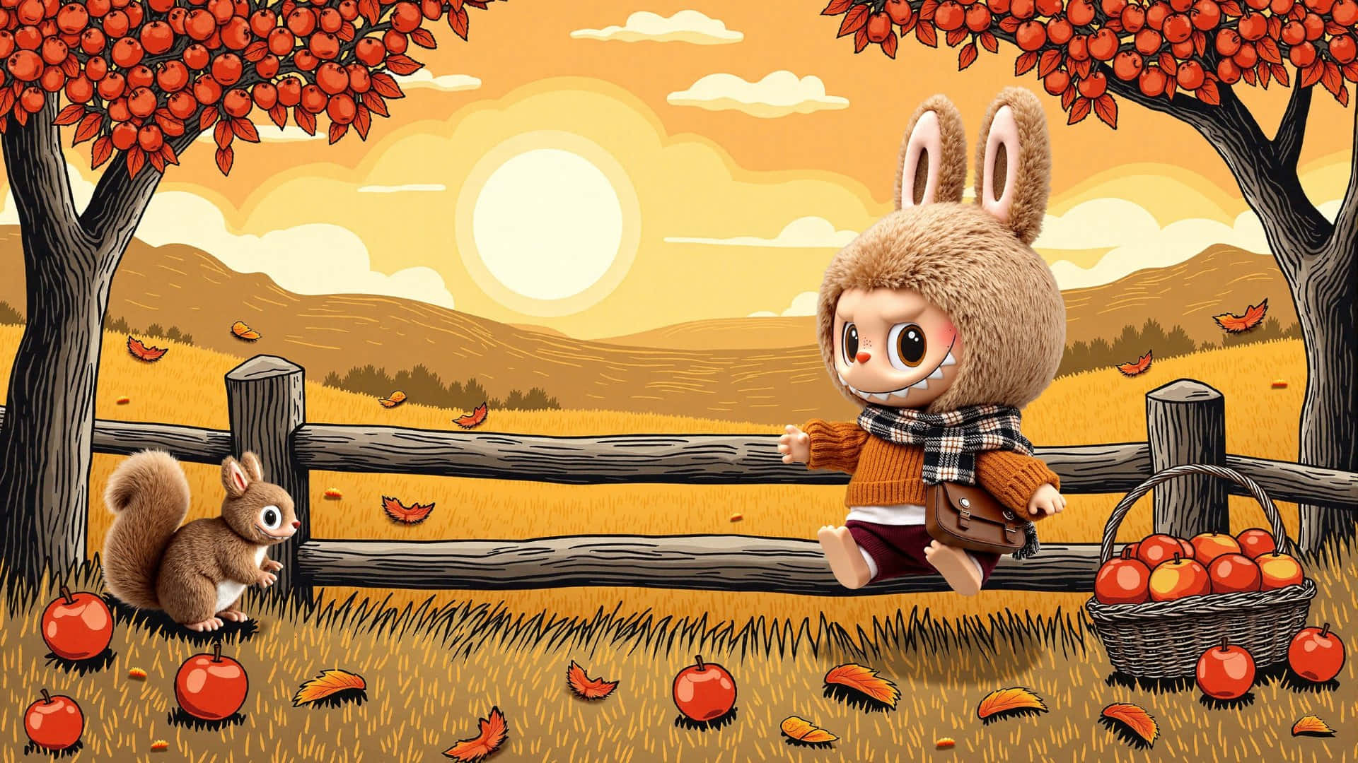 Labubu, autumn trees, scarf, Full HD Desktop Wallpaper