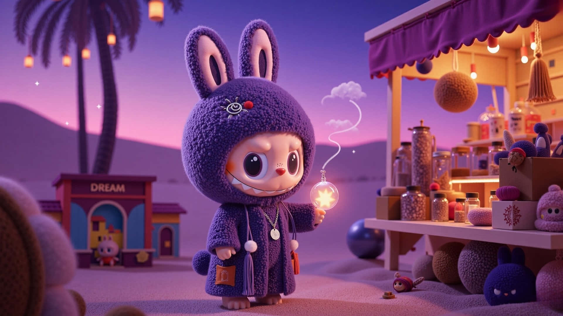 Labubu, night market, twilight, Full HD Desktop Wallpaper