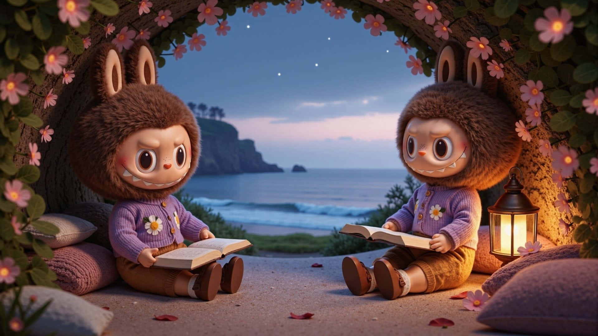 Labubu, purple sweaters, floral arch, Full HD Desktop Wallpaper