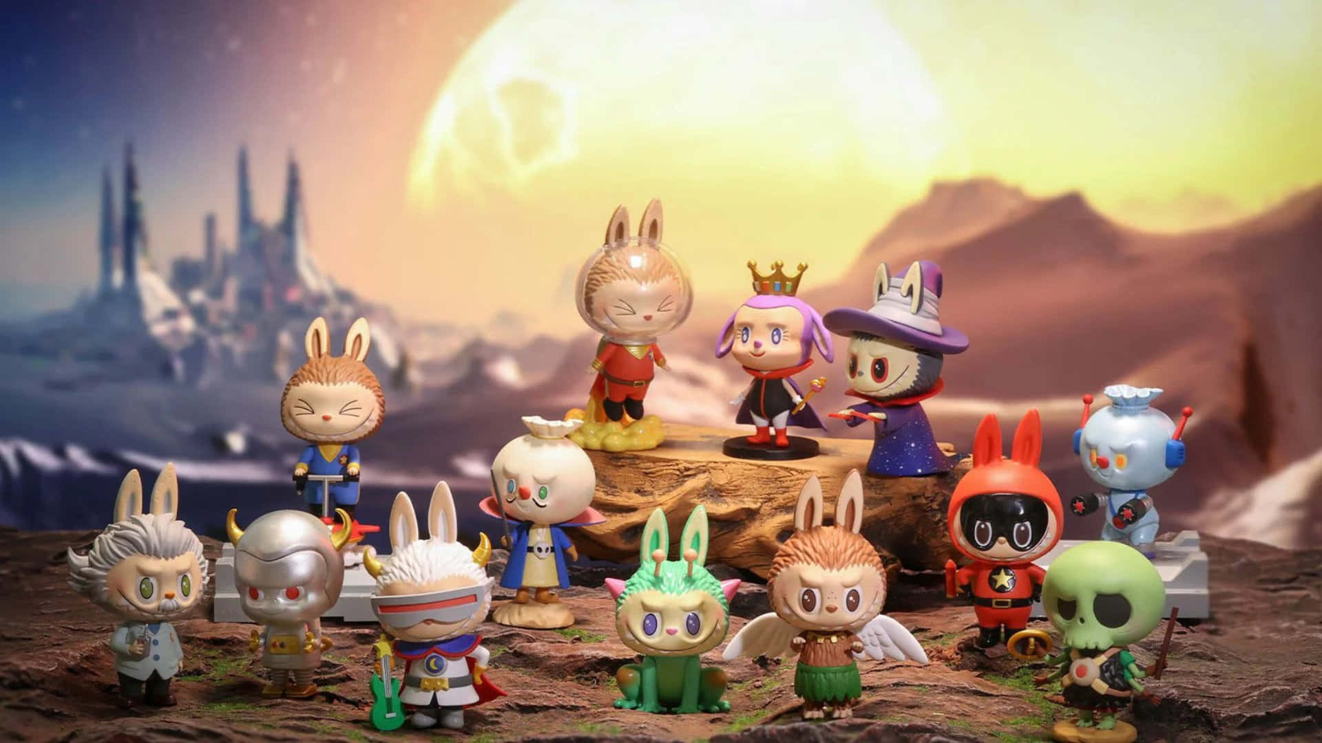 Labubu, chibi-style rabbit figurines, fantasy costumes, Full HD Desktop Wallpaper