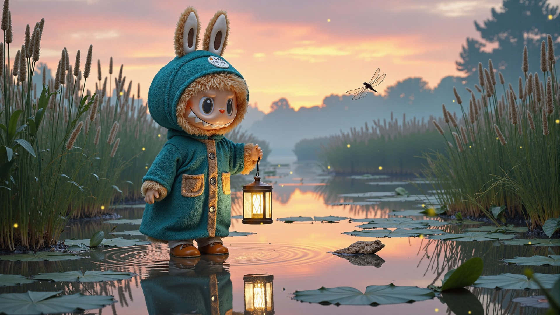 Labubu, teal coat, lantern, Full HD Desktop Wallpaper