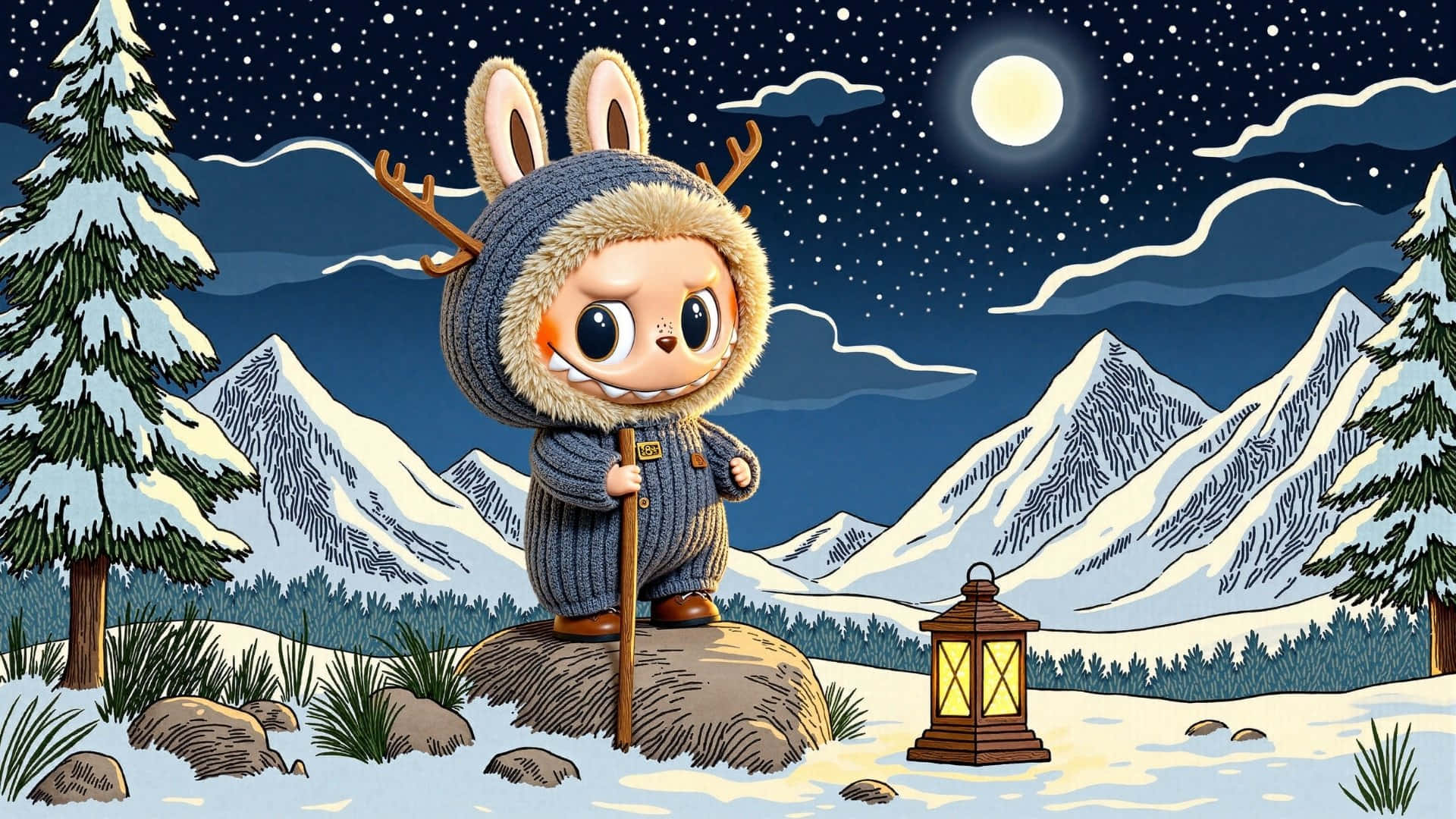 Labubu, winter coat, snowy rock, Full HD Desktop Wallpaper