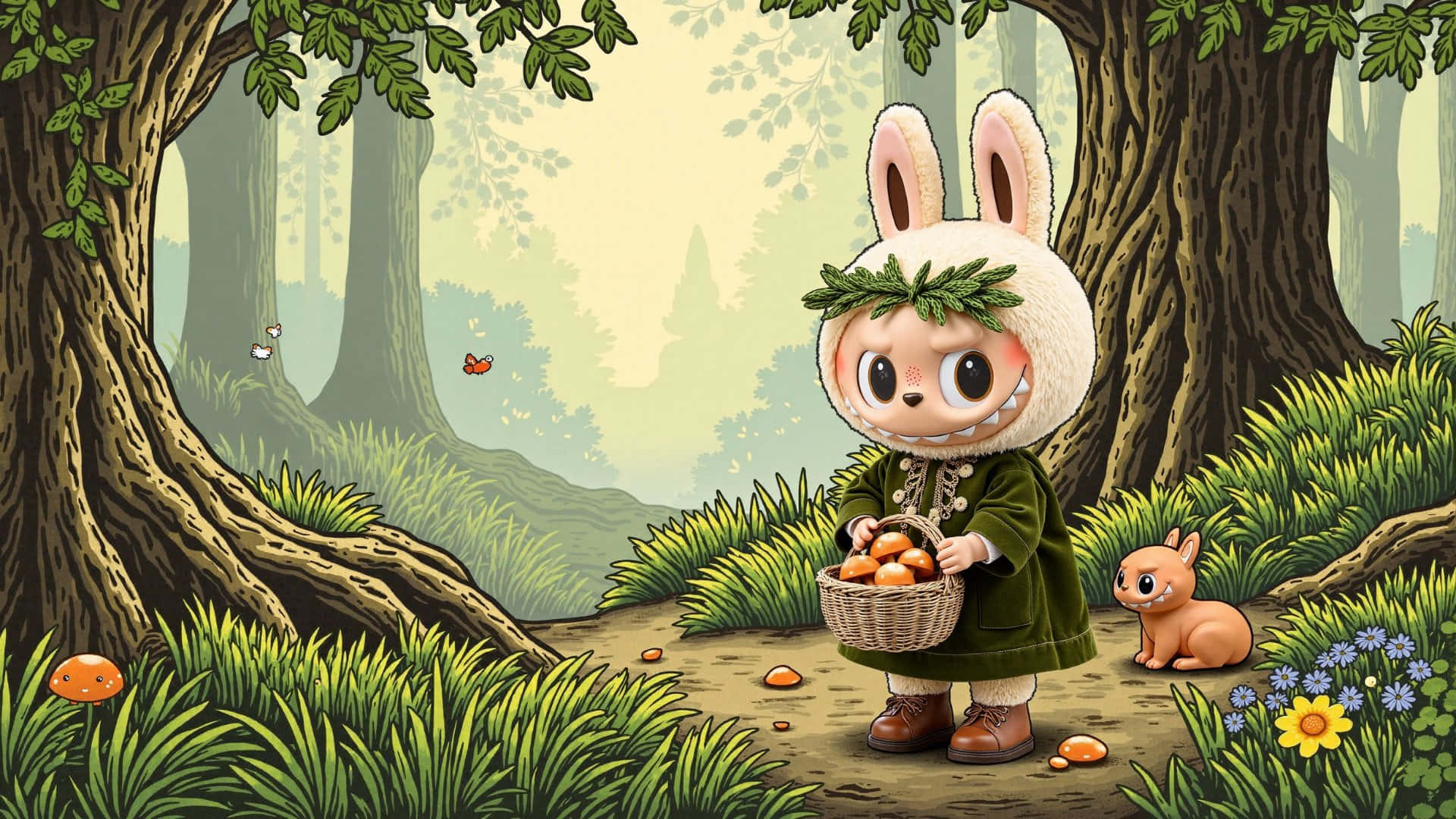 Labubu, forest, green forest, Full HD Desktop Wallpaper