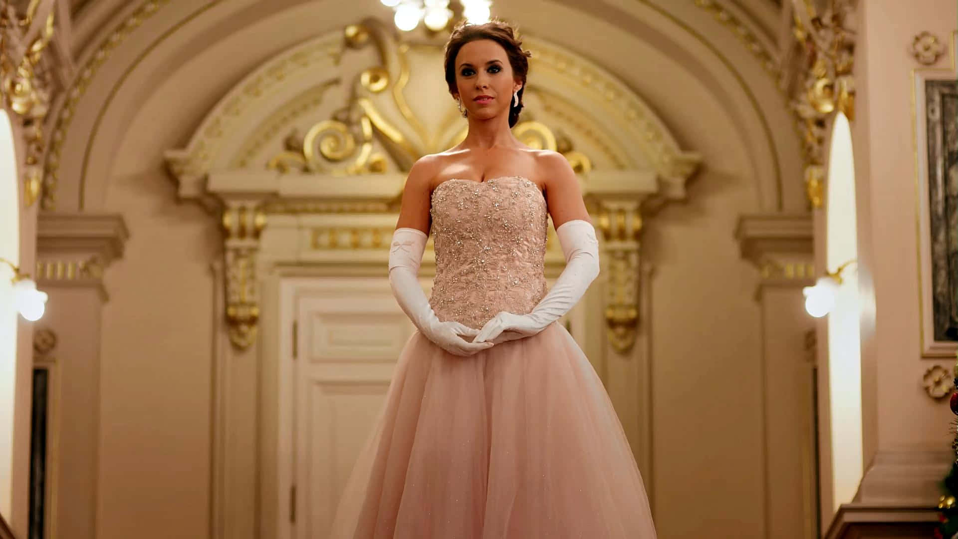 Lacey Chabert, blush pink ball gown, white gloves, Full HD Desktop Wallpaper