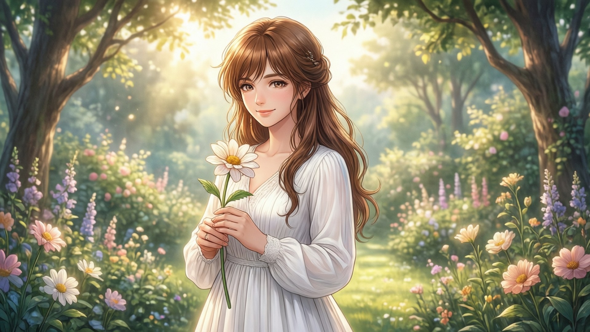 Lacus Clyne, garden, white dress, Full HD Desktop Wallpaper