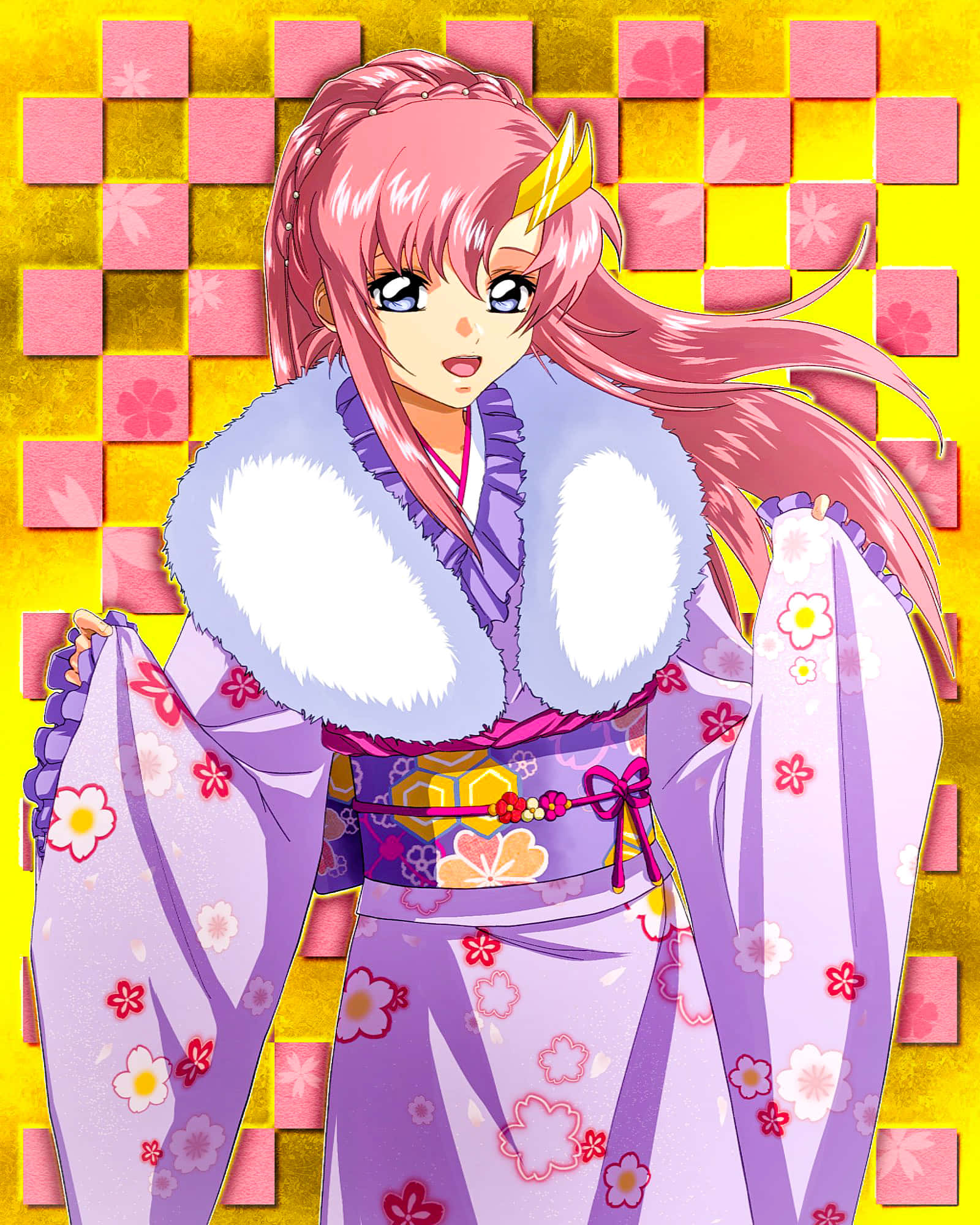 Lacus Clyne, pink-haired anime girl, floral purple kimono, Full HD Phone Wallpaper