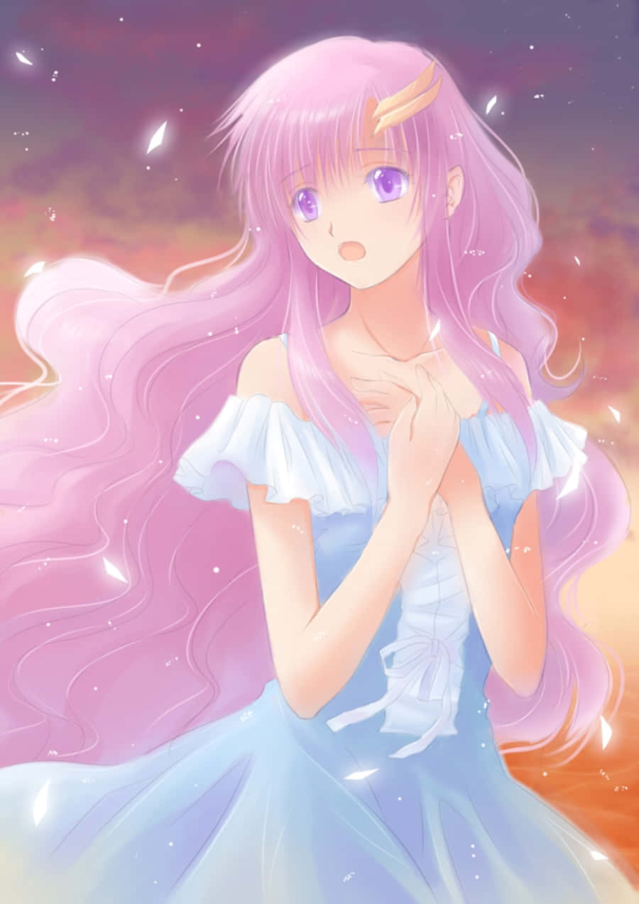 Lacus Clyne, pink-haired anime girl, blue dress, SD Phone Wallpaper