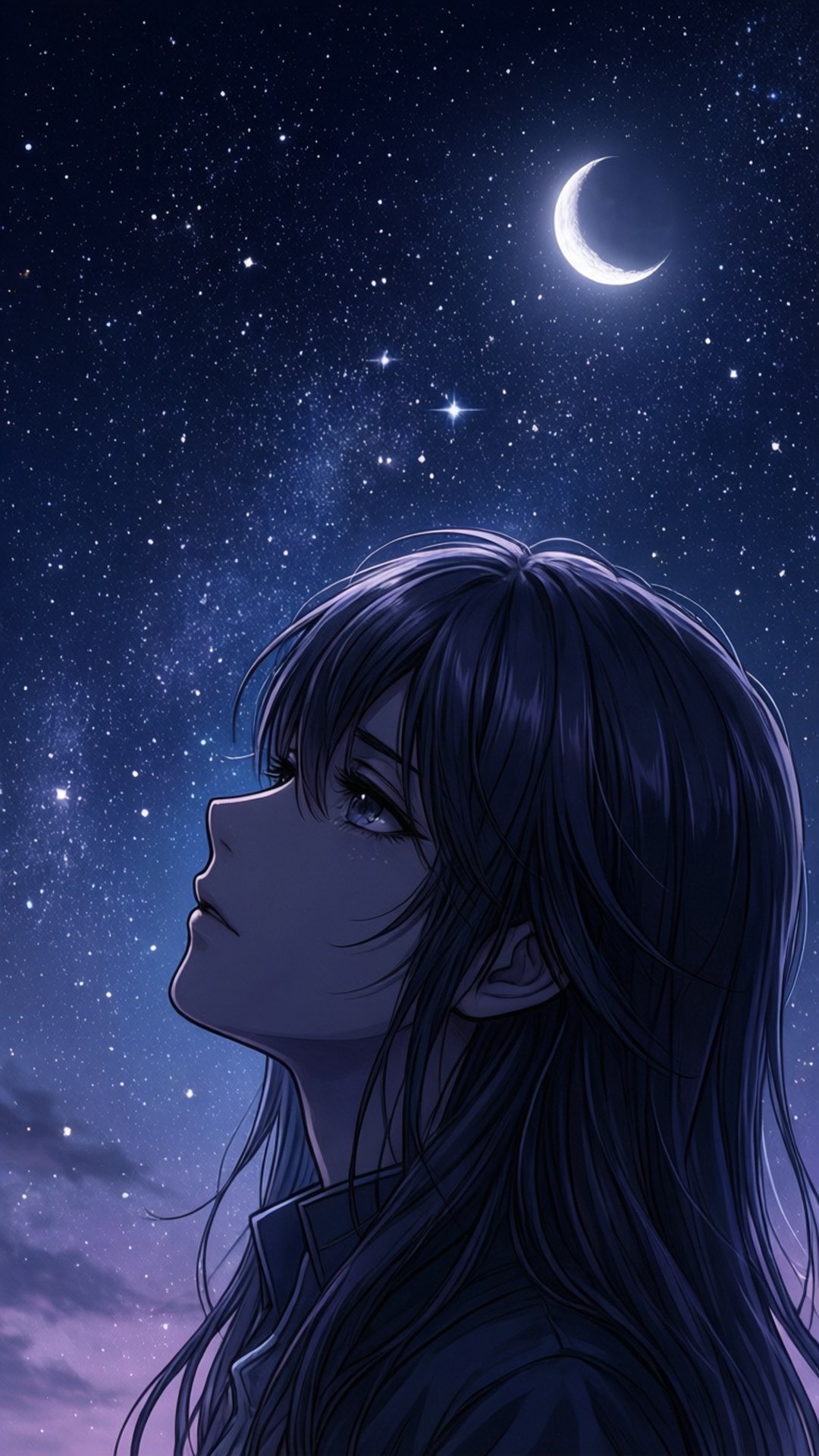 Lacus Clyne, starry night sky, crescent moon, Full HD Phone Wallpaper