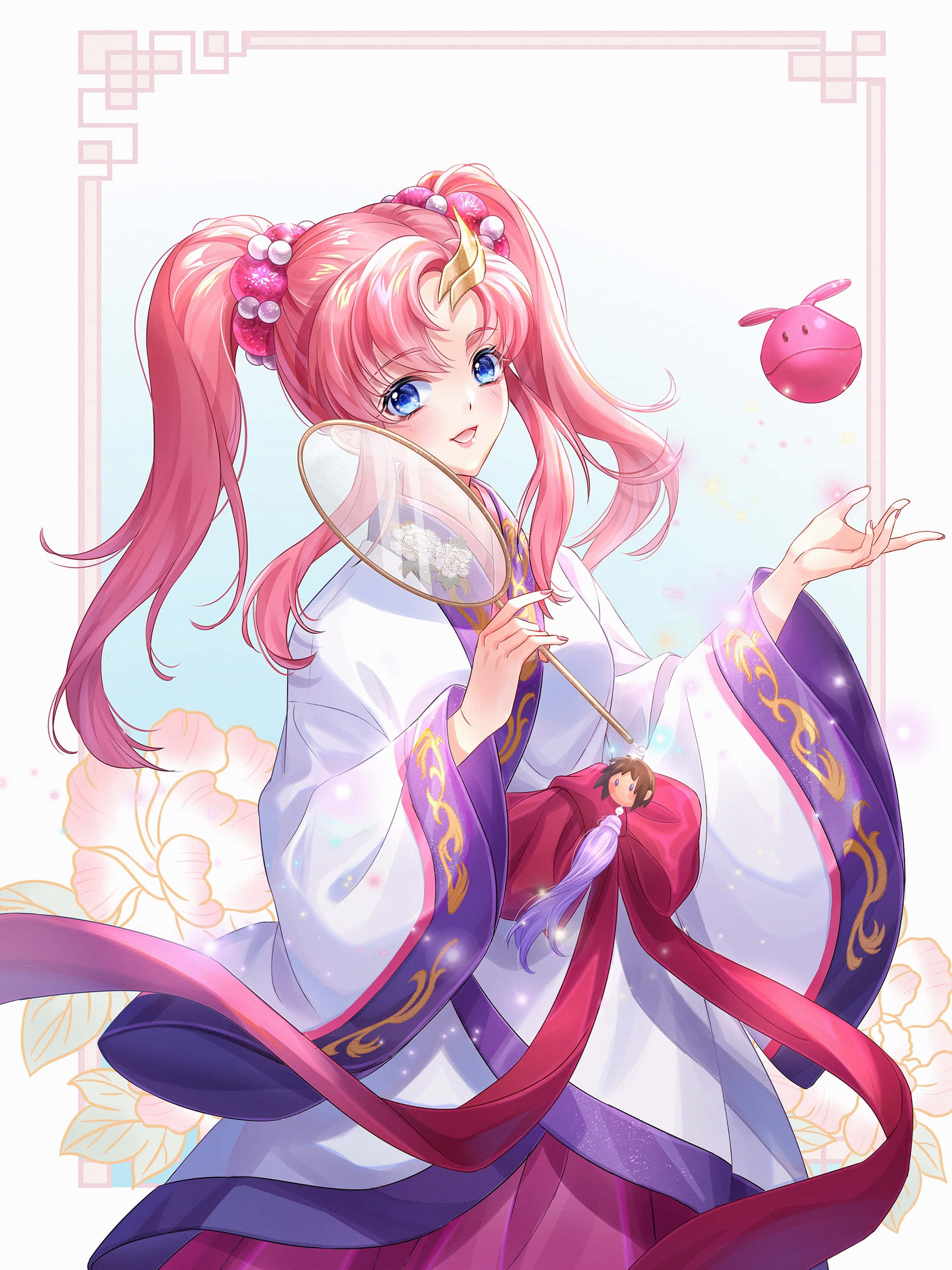 Lacus Clyne, pink-haired anime girl, white and purple traditional outfit, 2K Phone Wallpaper