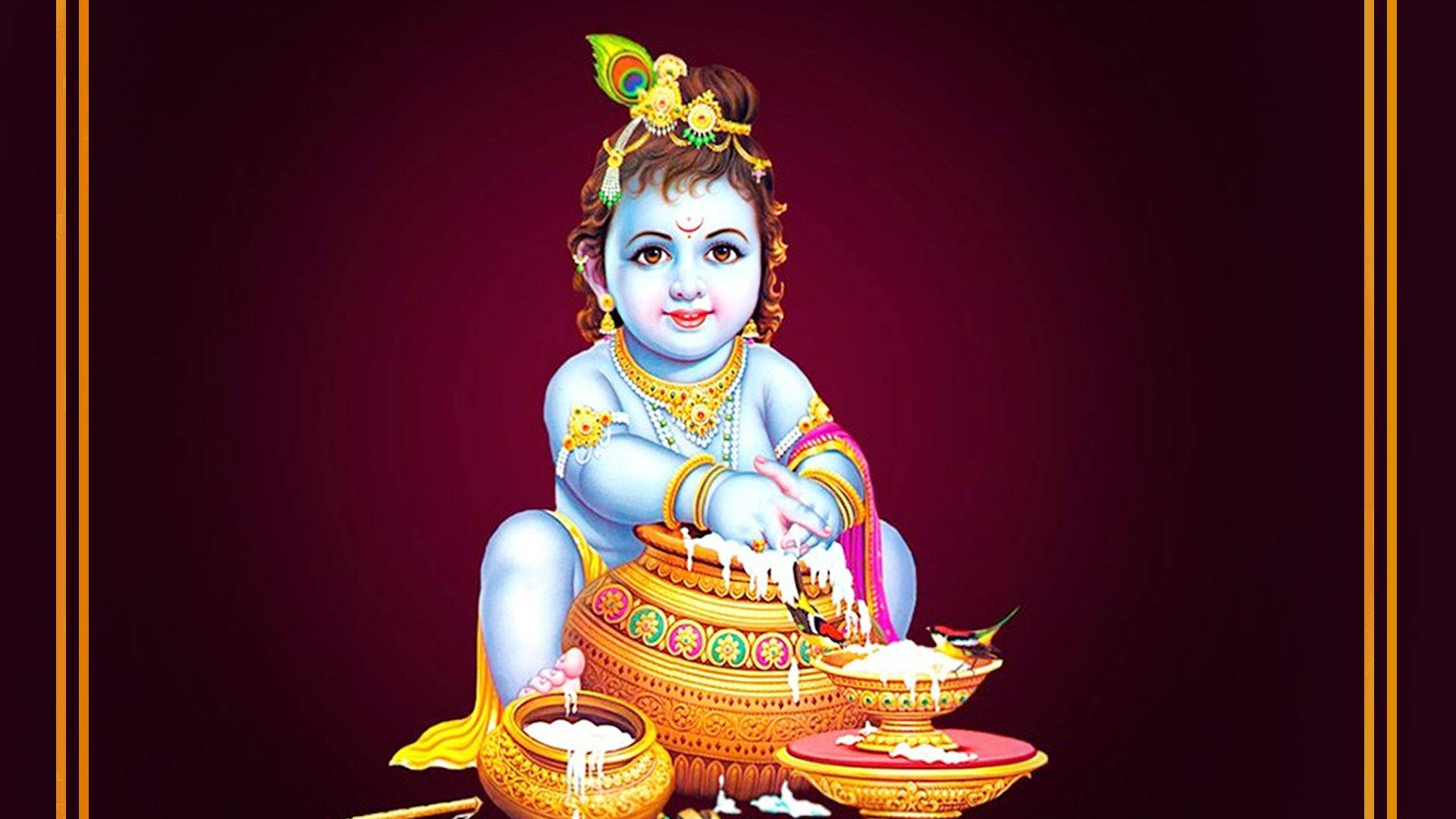 Laddu Gopal, blue-skinned child deity, gold jewelry, Full HD Desktop Wallpaper
