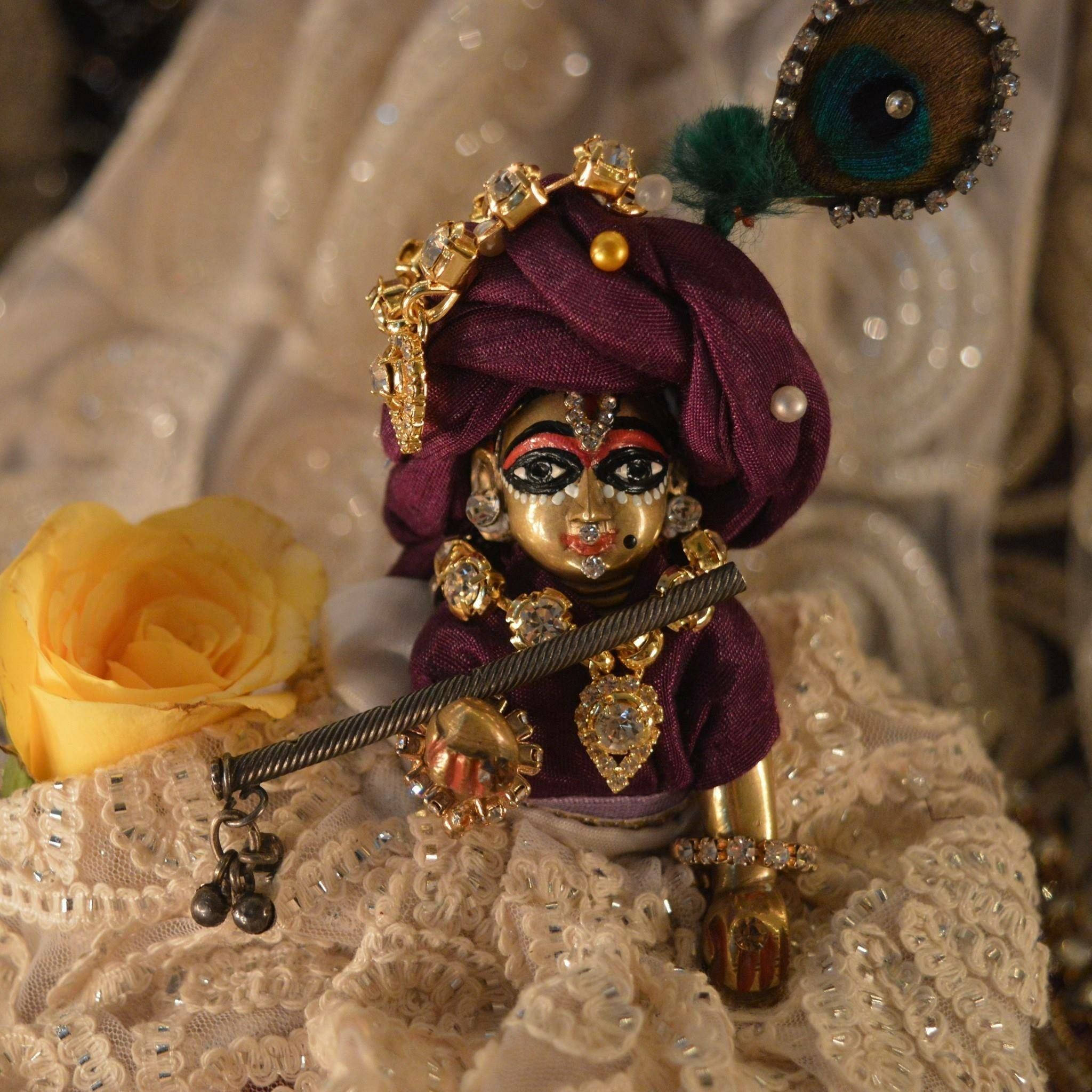 Laddu Gopal, purple turban, gold jewelry, Full HD Desktop Wallpaper