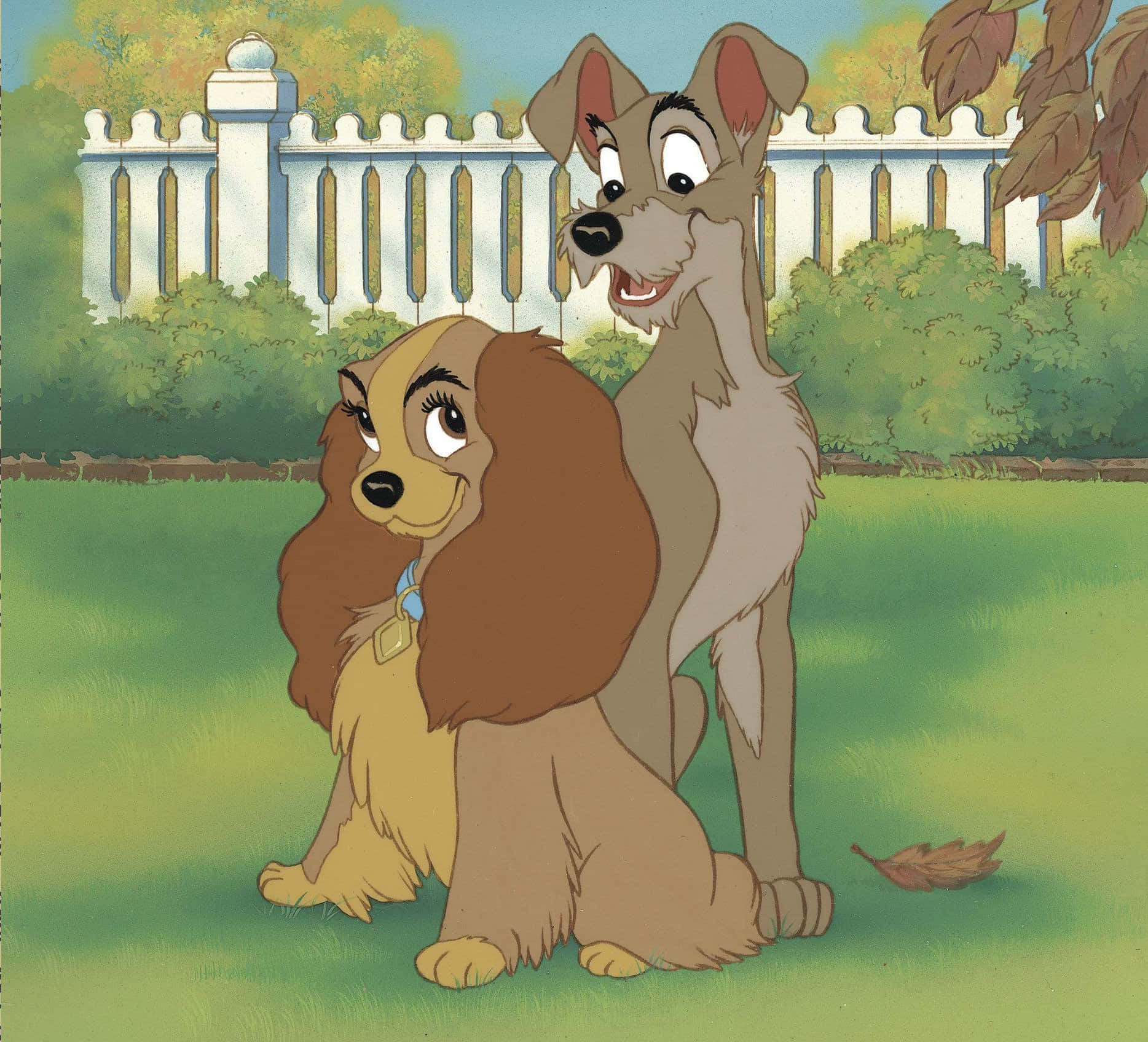 Lady and the Tramp, spaghetti kiss scene, autumn leaves, HD Desktop Wallpaper