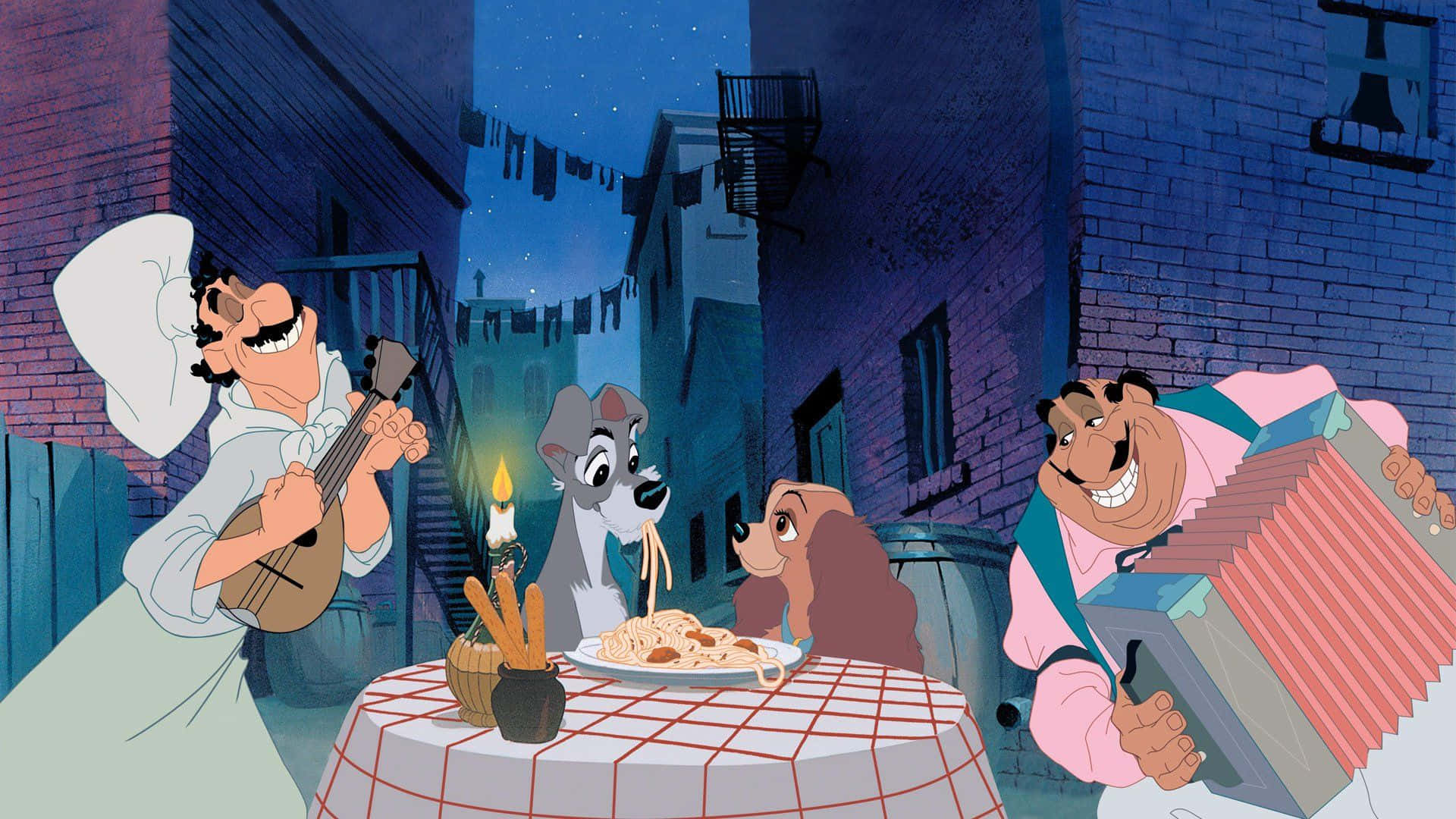 Lady and the Tramp, spaghetti scene, starry night, Full HD Desktop Wallpaper