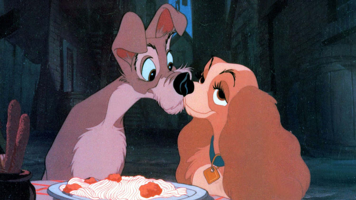 Lady and the Tramp, spaghetti, dimly lit alley, HD Desktop Wallpaper