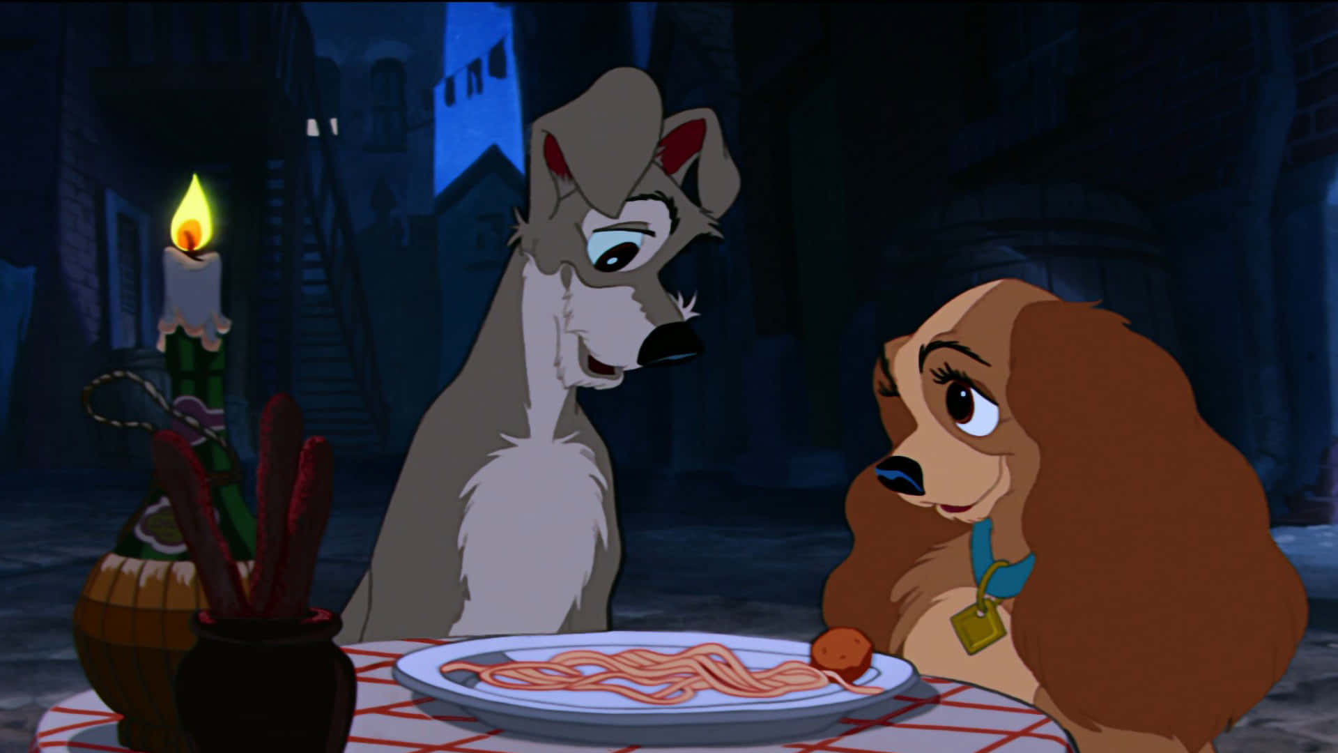 Lady and the Tramp, spaghetti, candlelit dinner, Full HD Desktop Wallpaper