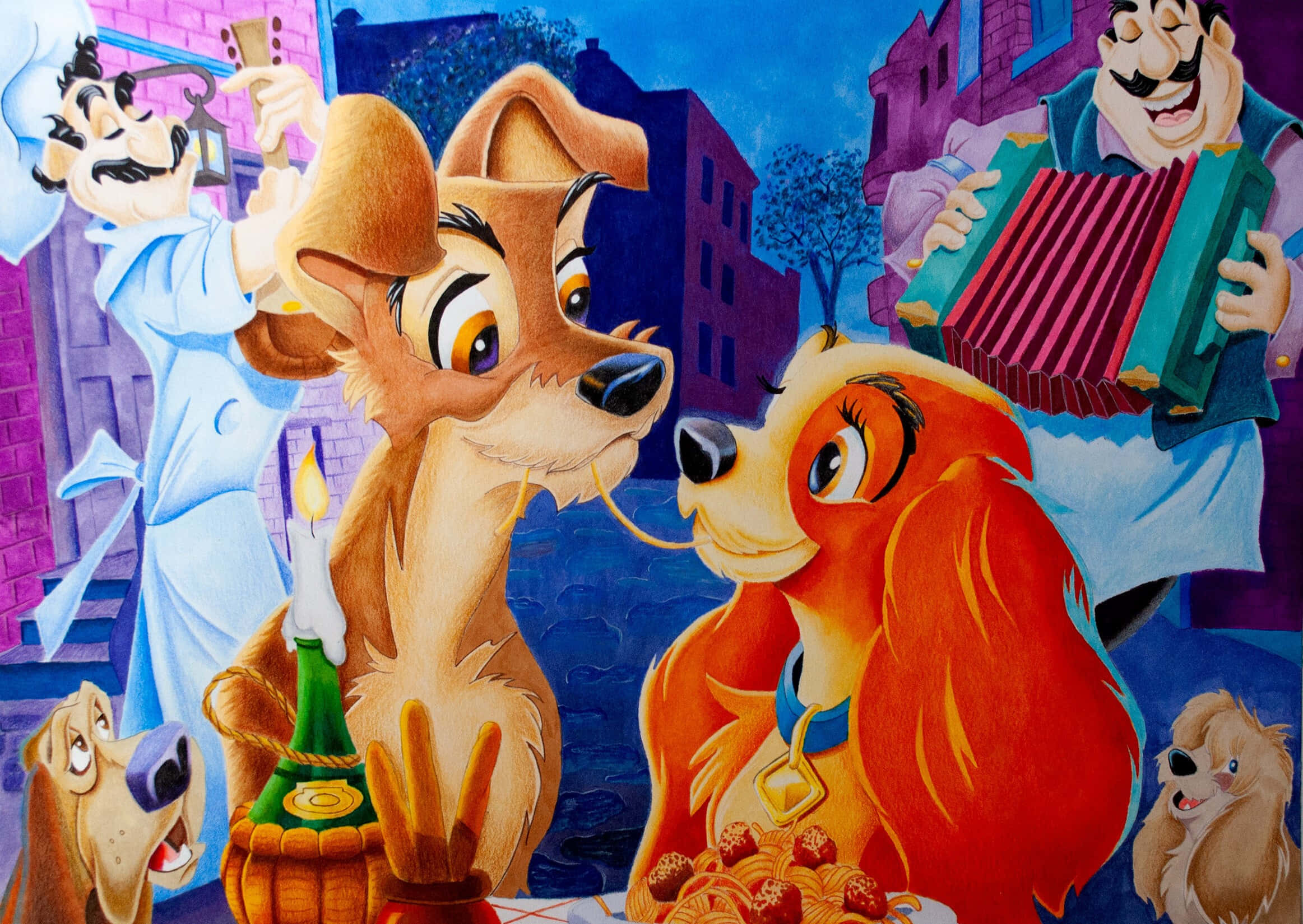 Lady and the Tramp, spaghetti scene, candlelit dinner, Full HD Desktop Wallpaper