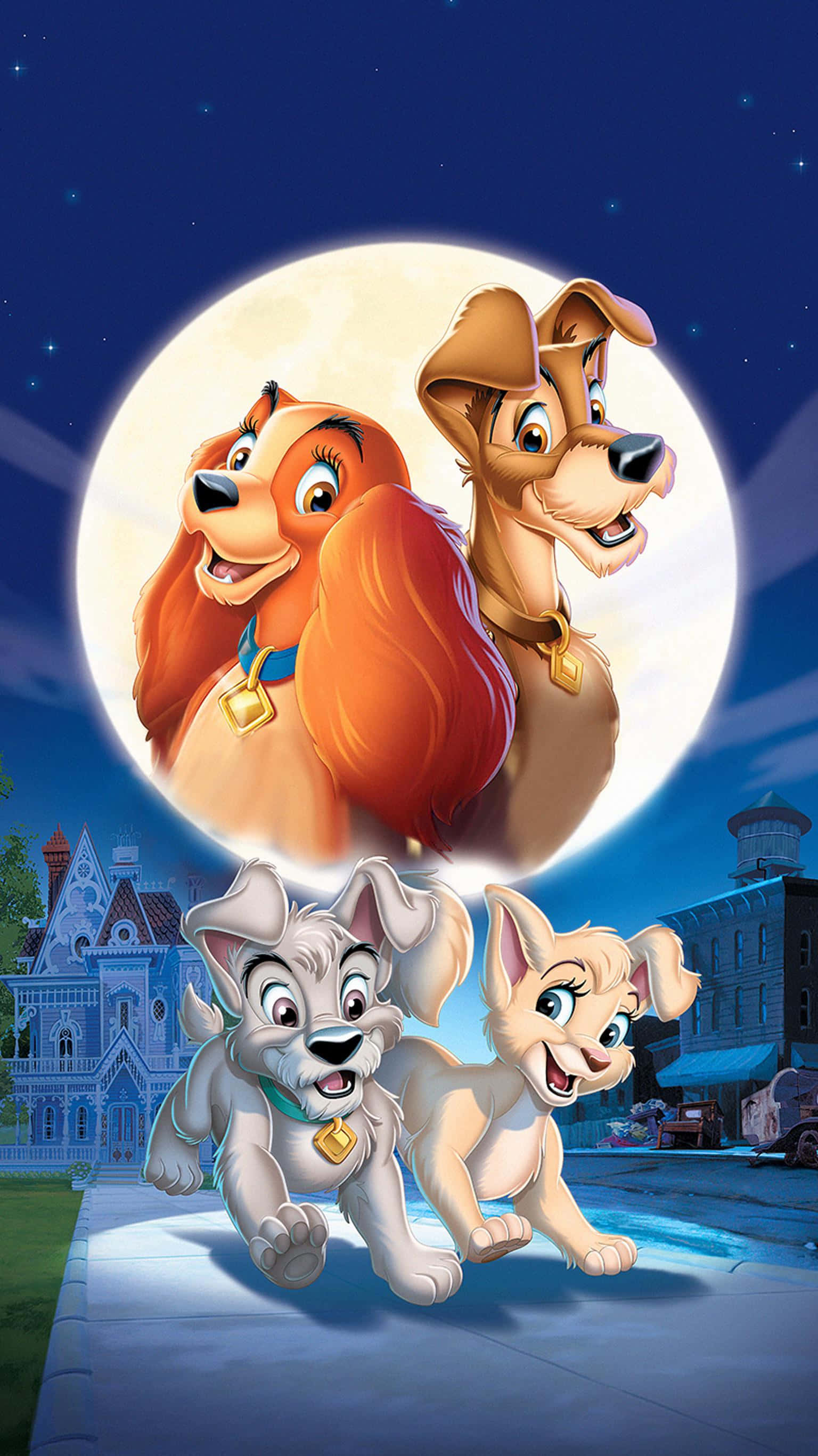 Lady and the Tramp, spaghetti kiss, giant moon, 2K Phone Wallpaper