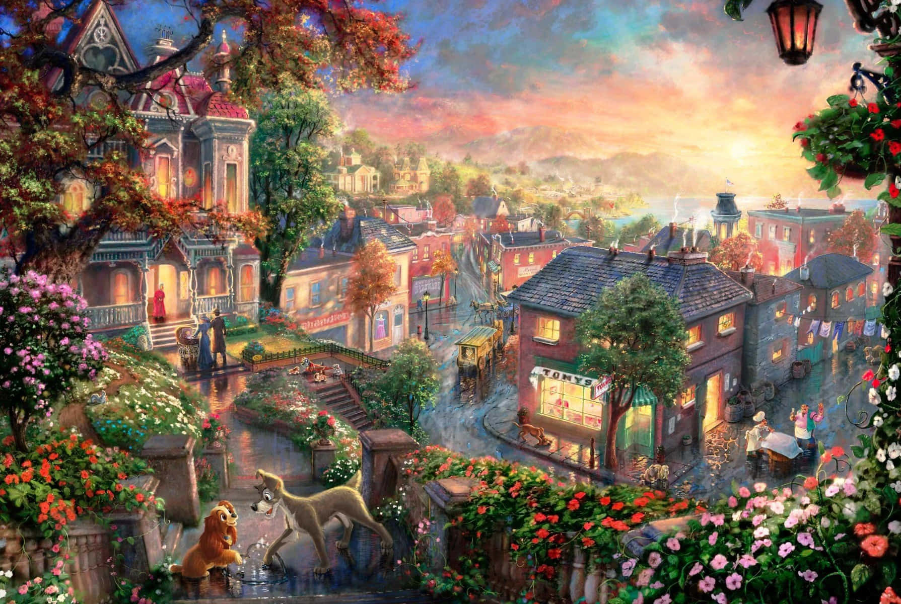 Lady and the Tramp, twilight town scene, Victorian houses, HD Desktop Wallpaper