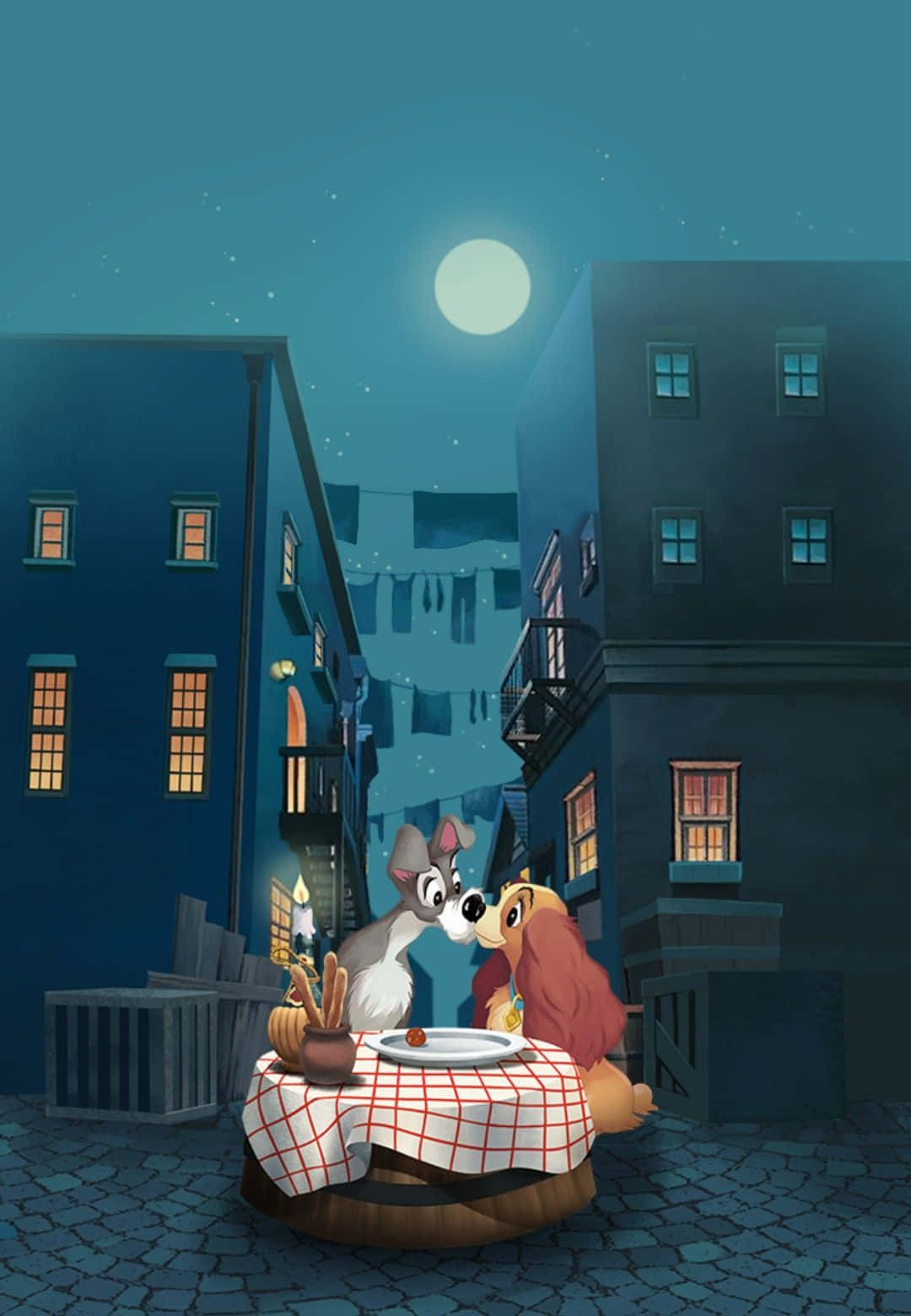 Lady and the Tramp, candlelit dinner, full moon, HD Phone Wallpaper