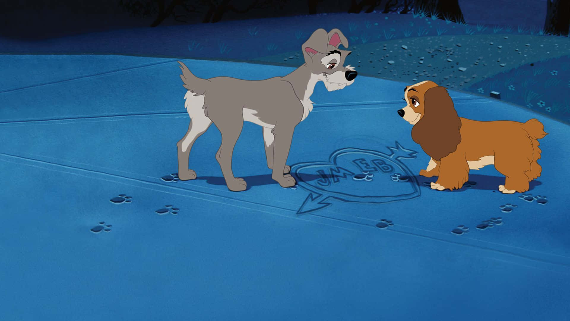 Lady and the Tramp, spaghetti dinner scene, blue frozen pond, Full HD Desktop Wallpaper